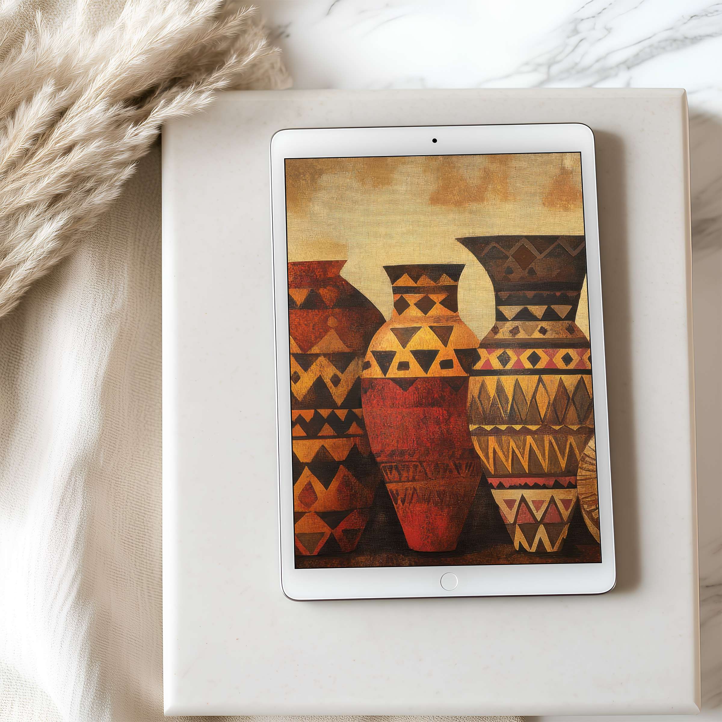 Elegant digital art of warm geometric vases enhances your tablet wallpaper, offering a curated high resolution for calming spaces