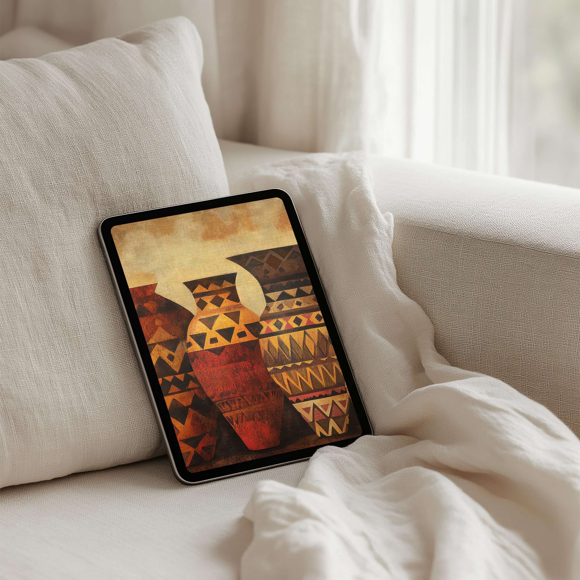 Elegant iPad background showcasing earthy tribal patterns providing calm inspiration for tablet users available for instant download