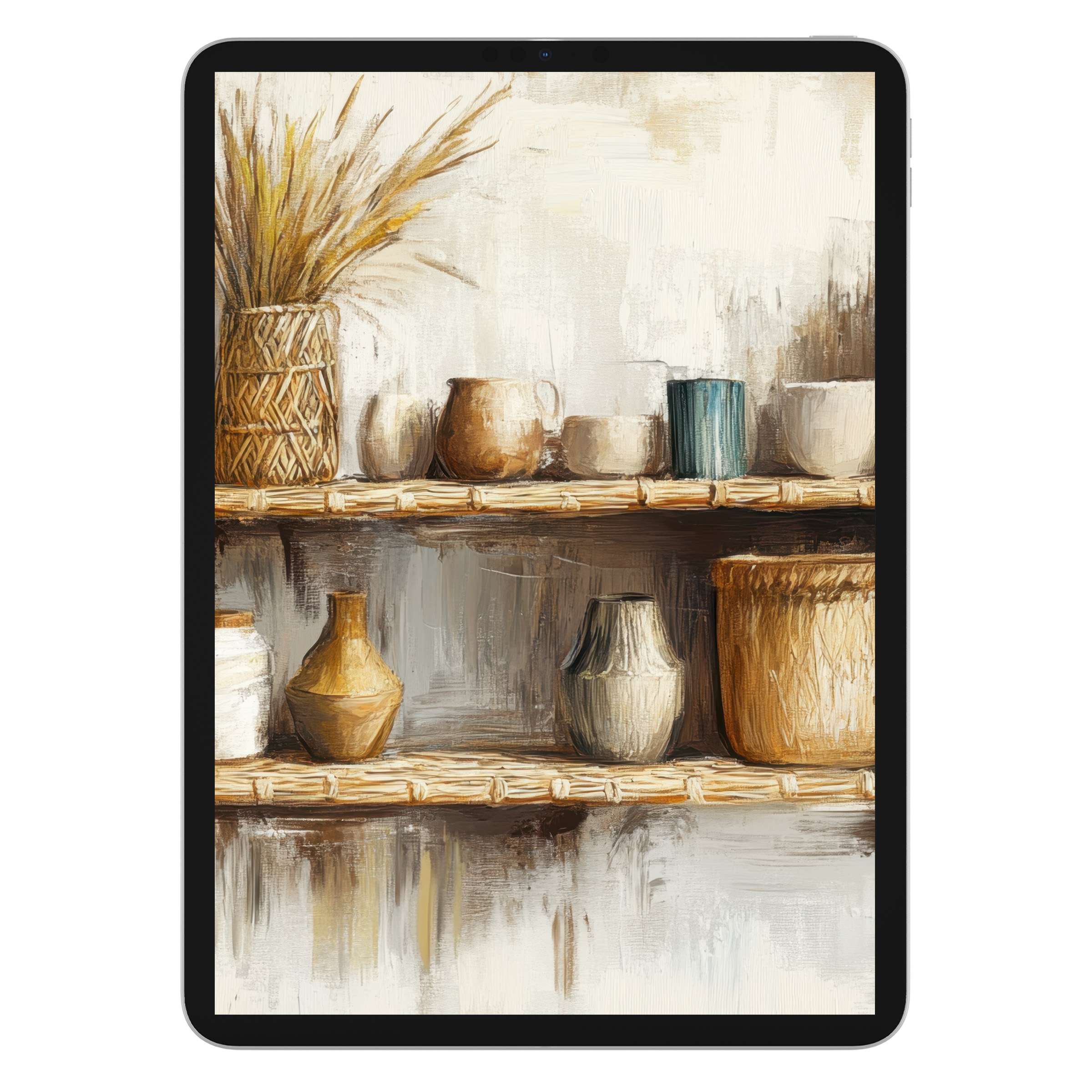 Boho iPad wallpaper featuring earthy vases and textured hues creates a calming digital download for elegant tablet backgrounds