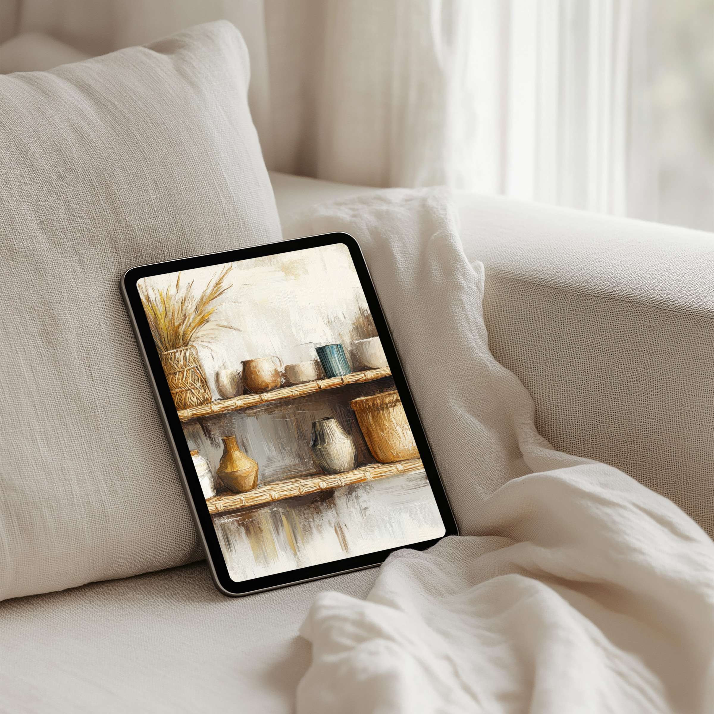 Elegant iPad background featuring warm-toned pottery on wooden shelves evokes calm and inspiration perfect for instant download tablet use