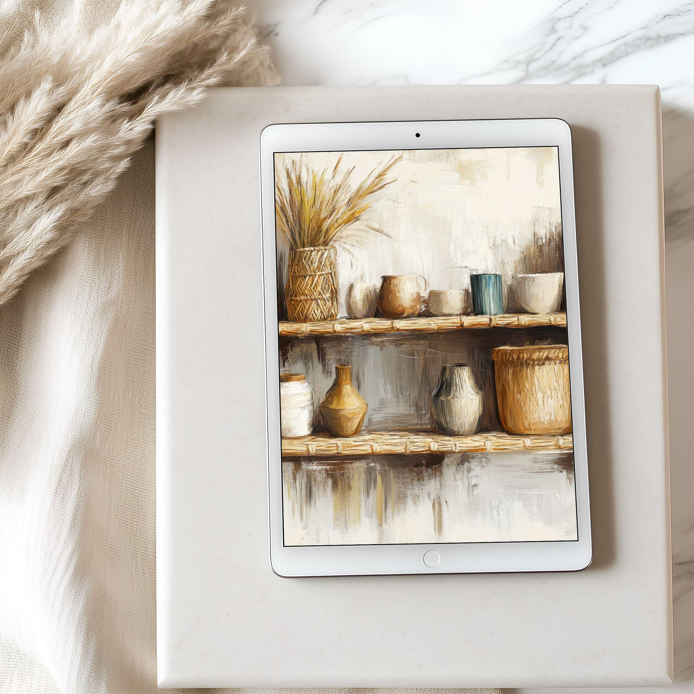 Elegant tablet wallpaper showcasing rustic pottery art, warm neutral tones, perfect high-resolution design for iPad and Android tablets download