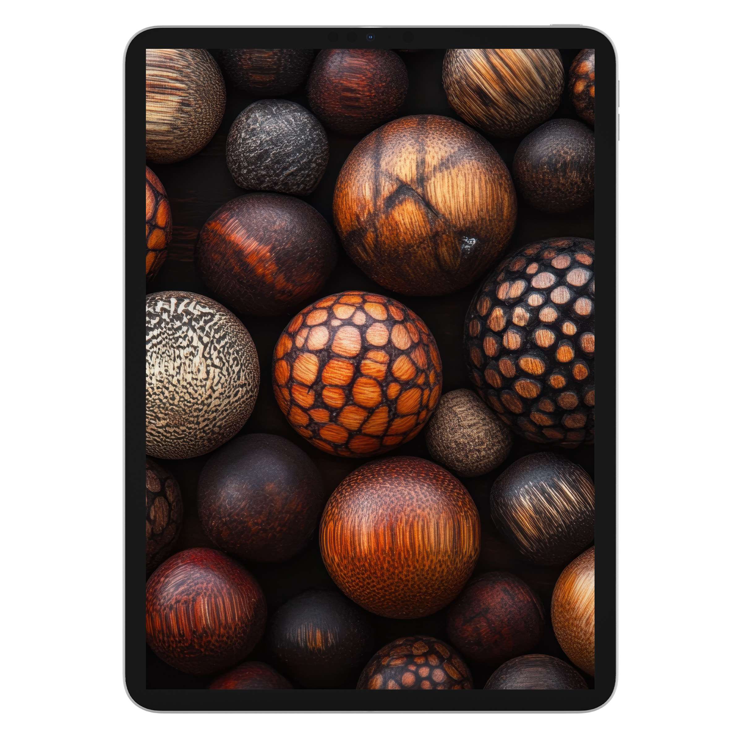 Boho iPad wallpaper featuring a digital download of elegant wooden spheres as a calming background for tablets and Android devices