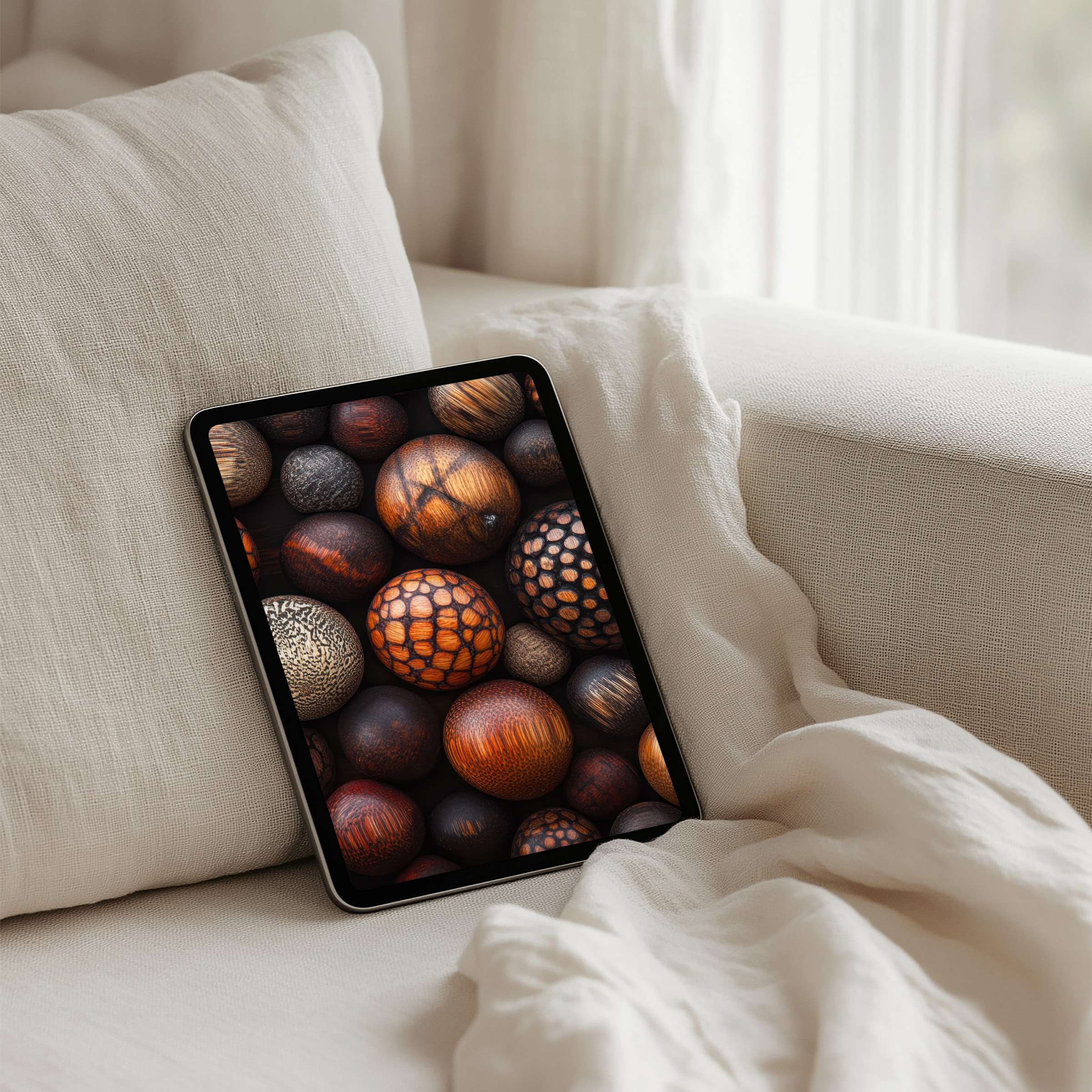 Elegant iPad background featuring textured wooden spheres in warm tones ideal for instant download on any tablet bringing serenity