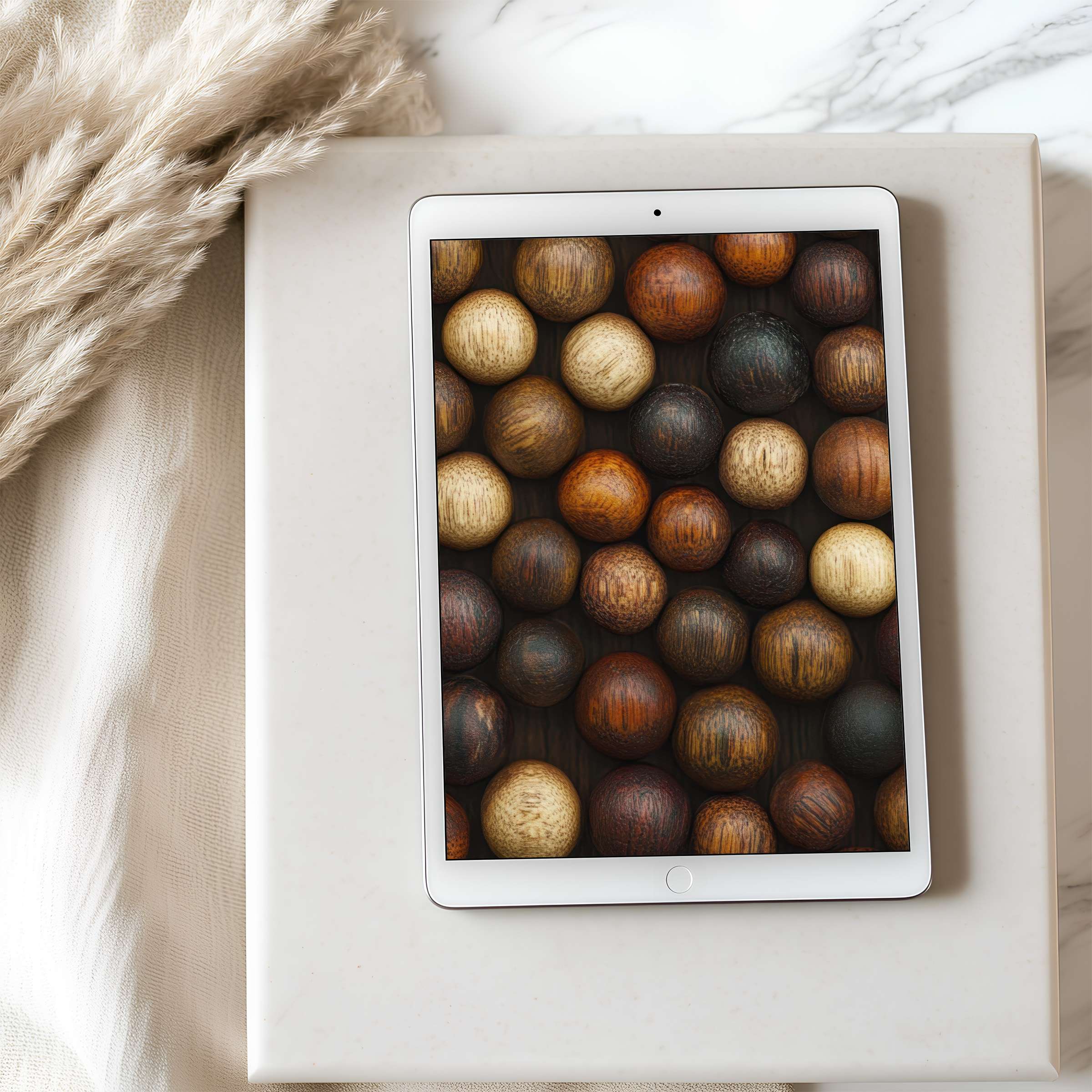Elegant tablet wallpaper showcasing warm earth-toned spheres, perfect for iPad and Android, offering a calming, high-resolution digital download