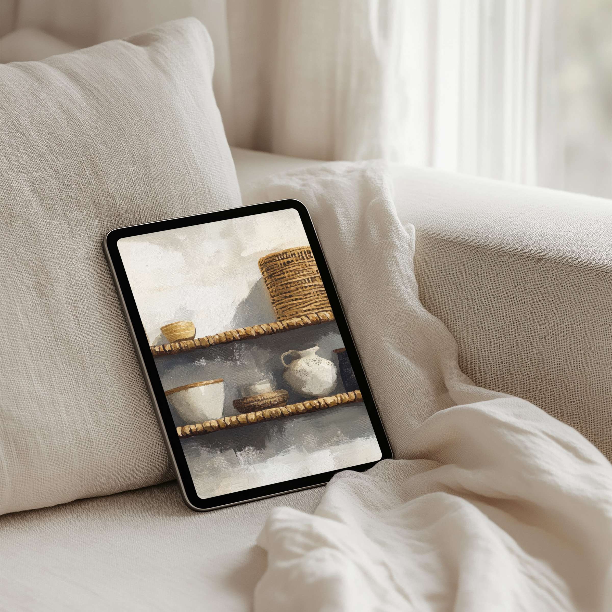Cozy iPad background with rustic shelf art for instant download on tablets brings elegance and calm to your digital space
