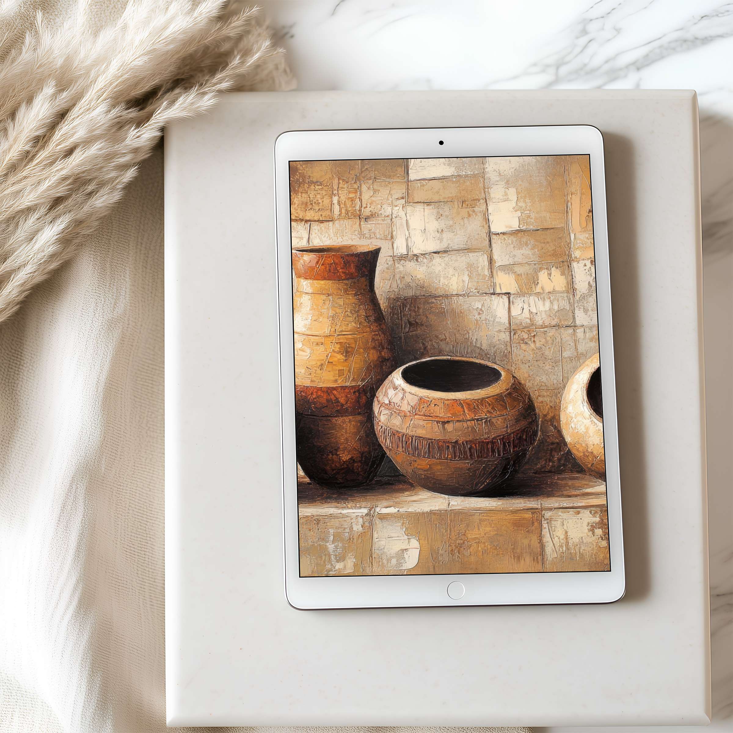 Elegant tablet wallpaper featuring earthy-toned pottery art, ideal for iPad and Android tablets, perfect for a serene digital download
