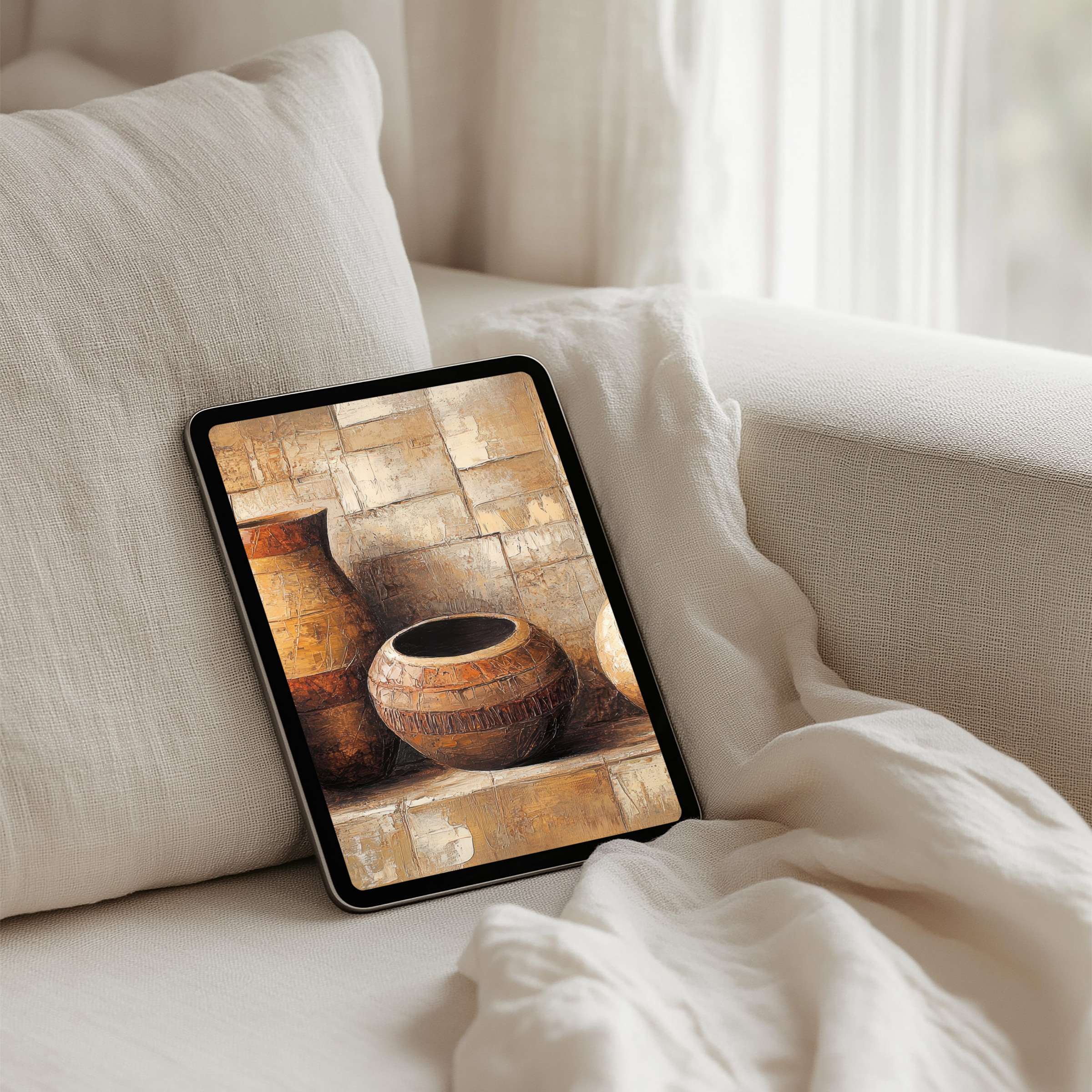 Warm earthy tones in a textured ceramic art iPad background offer calm and inspiration for any tablet, instant download ready