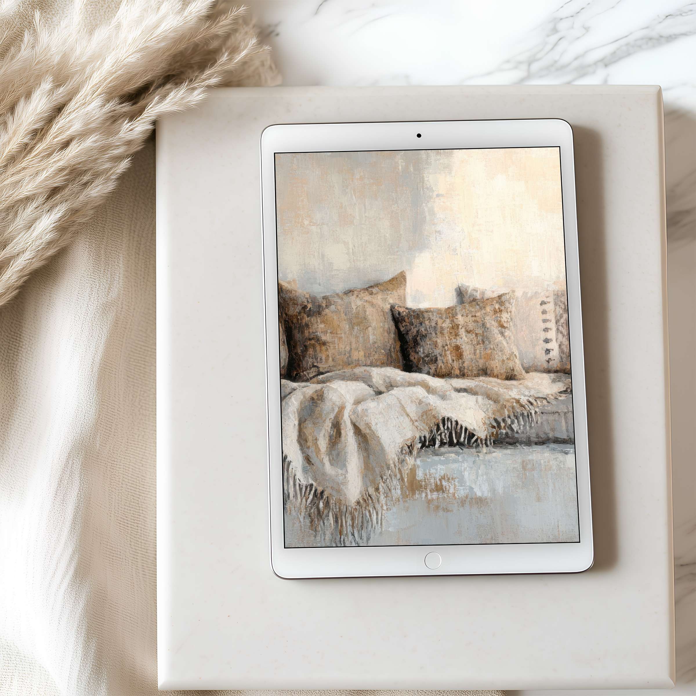 Elegant tablet wallpaper with textured pillows in soft, earthy tones enhances digital art aesthetics for iPad and Android tablets download