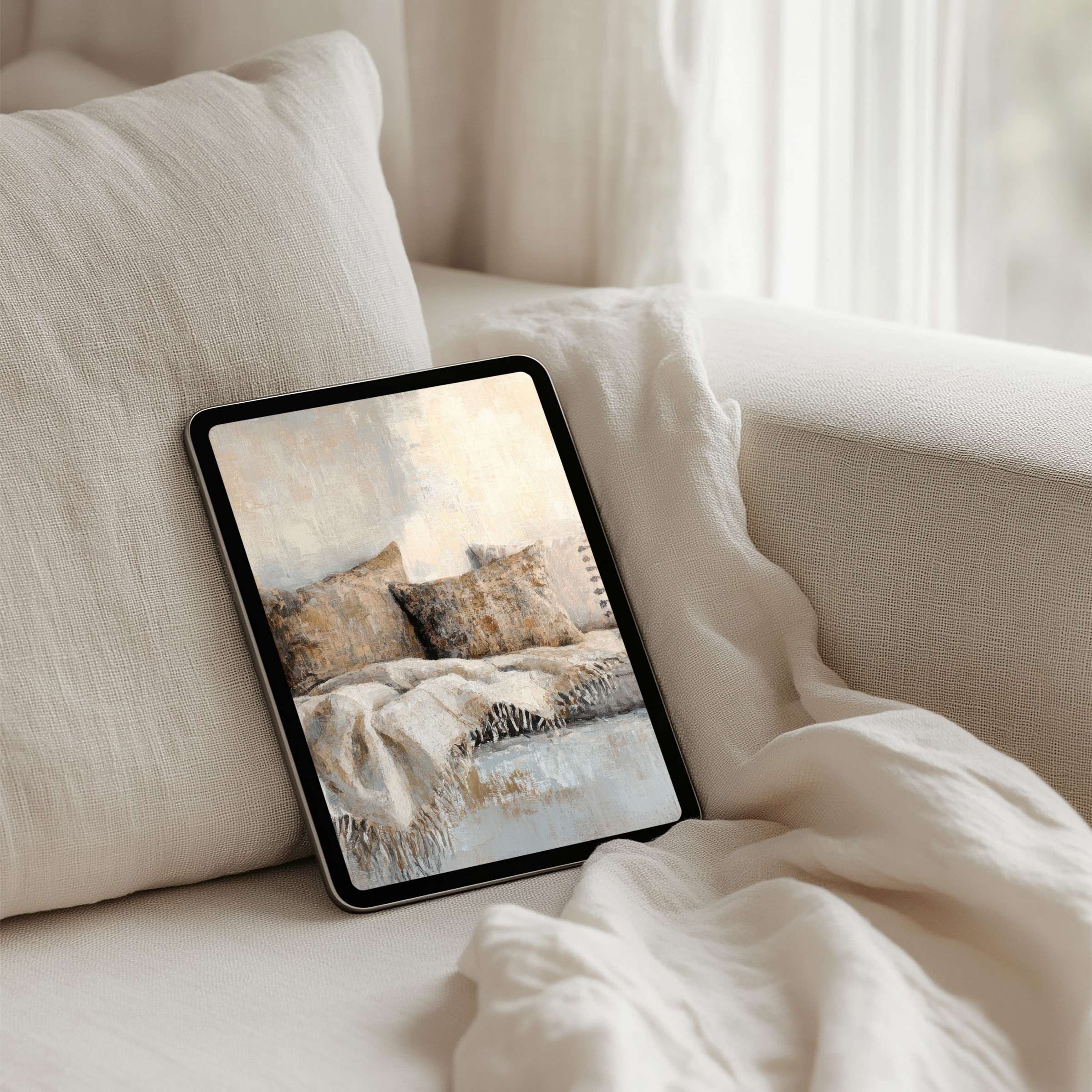 Serene beige abstract art iPad background offers instant download for tablets, invoking calm and mindfulness in an elegant setting
