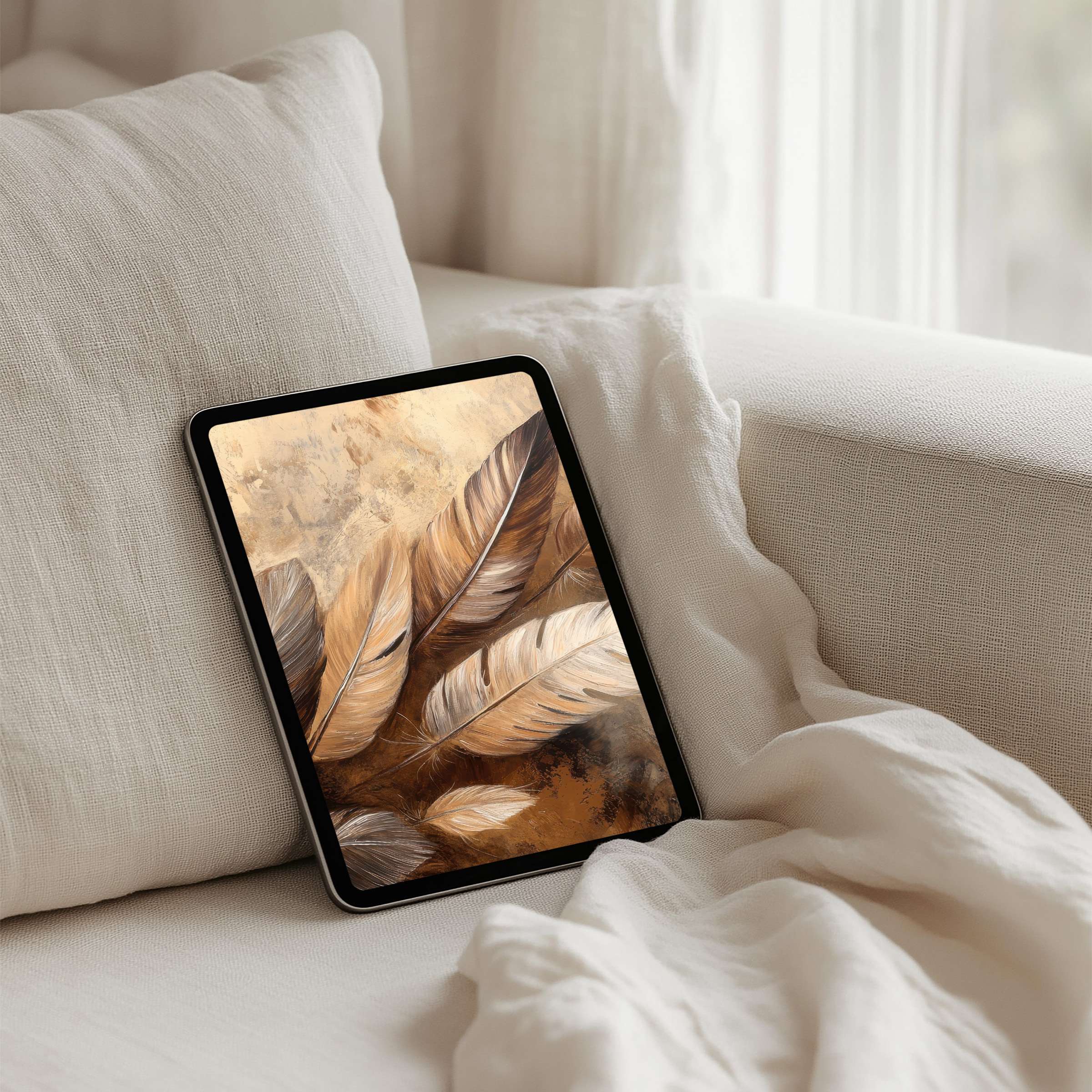 Elegant feather art iPad background for instant download enhances any tablet with calming earthy tones for mindful inspiration