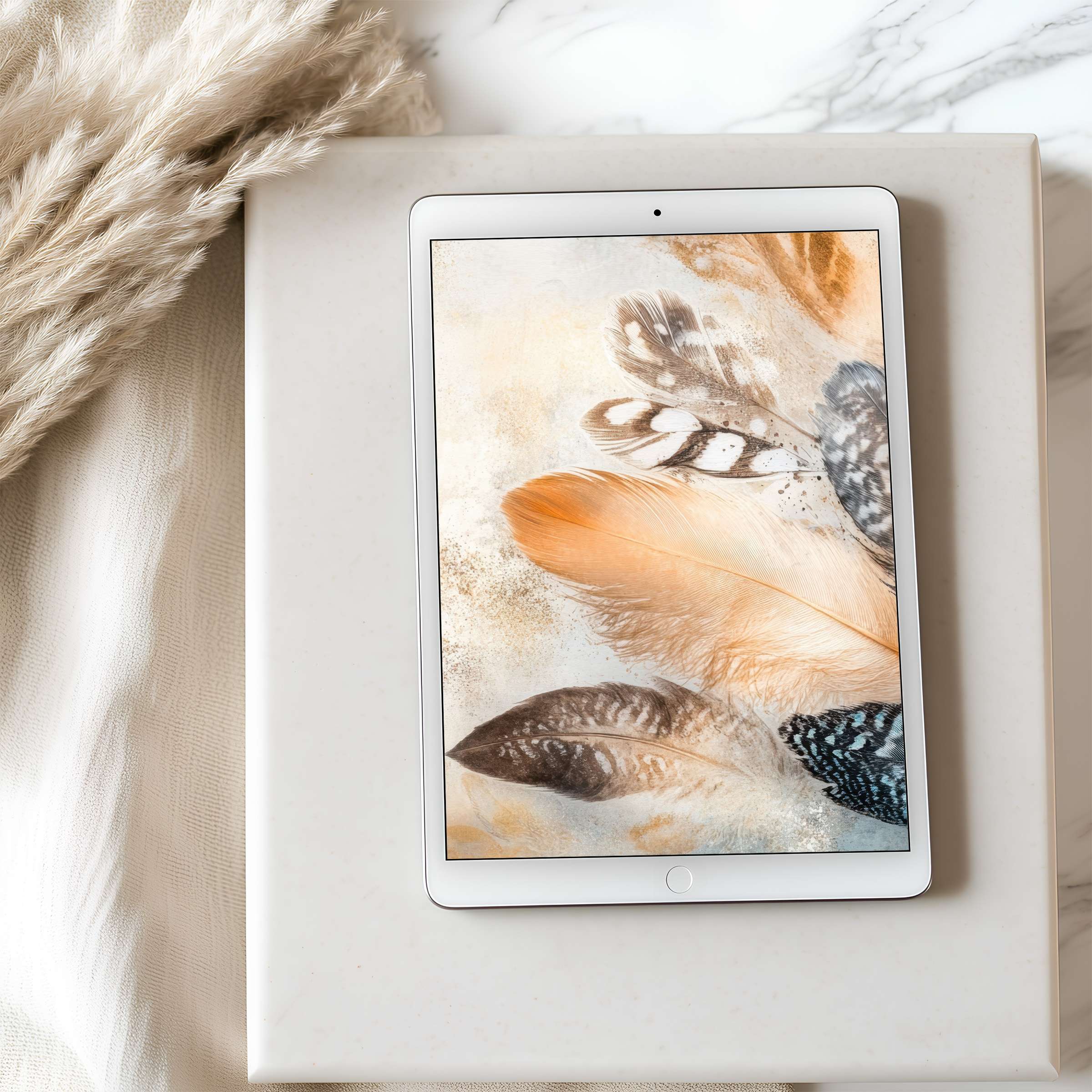 Elegant feather motif on tablet wallpaper in high resolution, offering a serene aesthetic for iPad and Android digital download