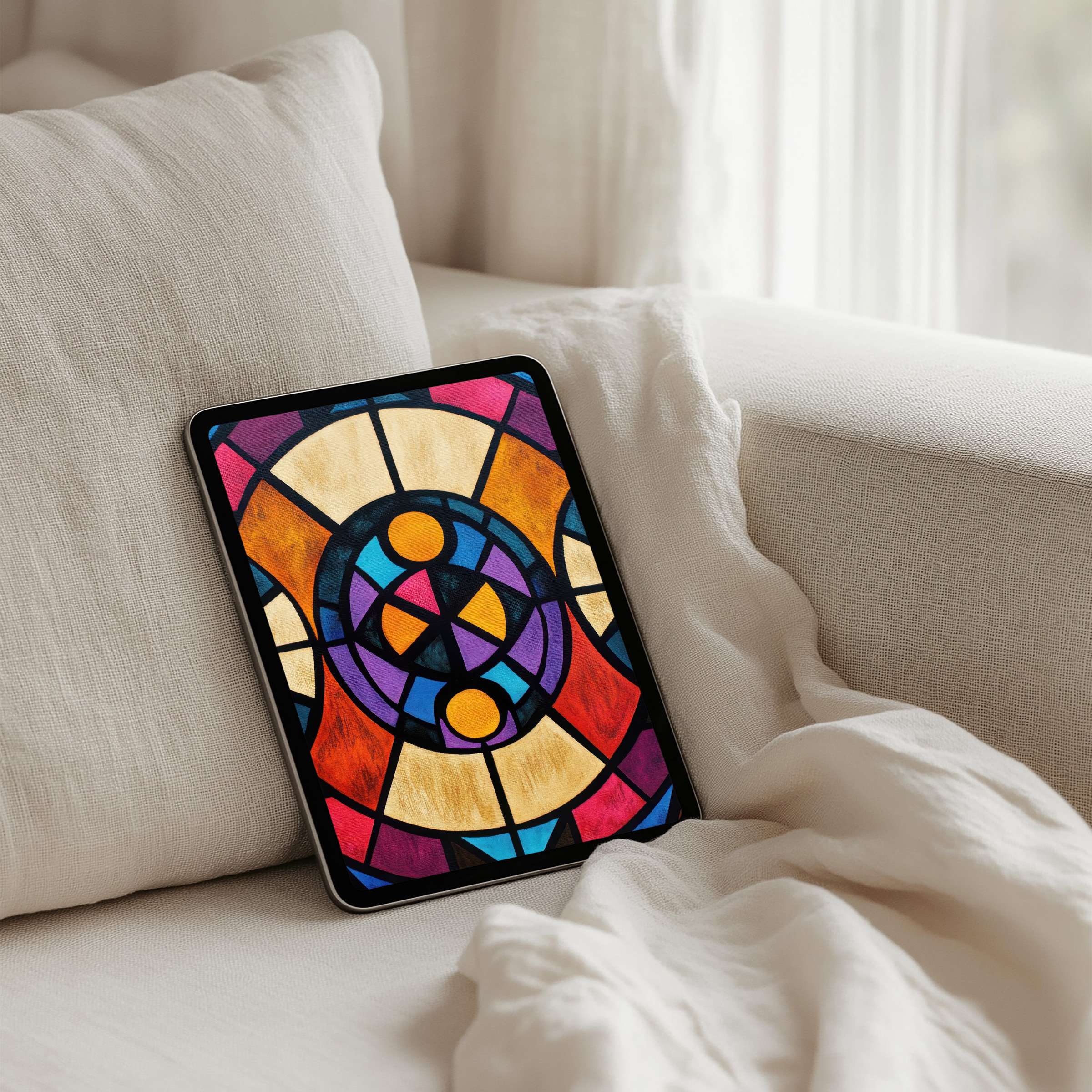Elegant iPad background featuring stained glass art for instant download; ideal for tablets, inspiring calm and mindfulness