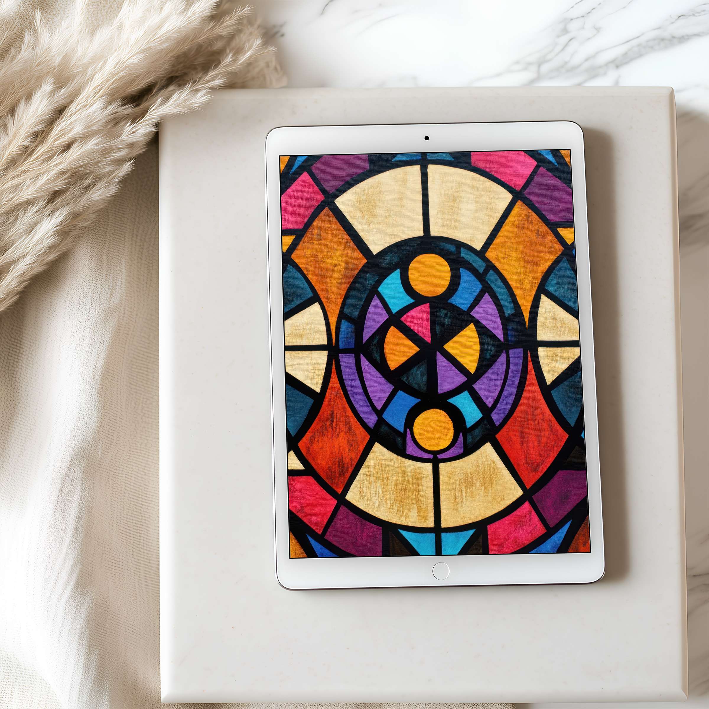 Elegant stained glass motif in warm hues enhances your tablet wallpaper, offering a curated, peaceful ambiance for digital download