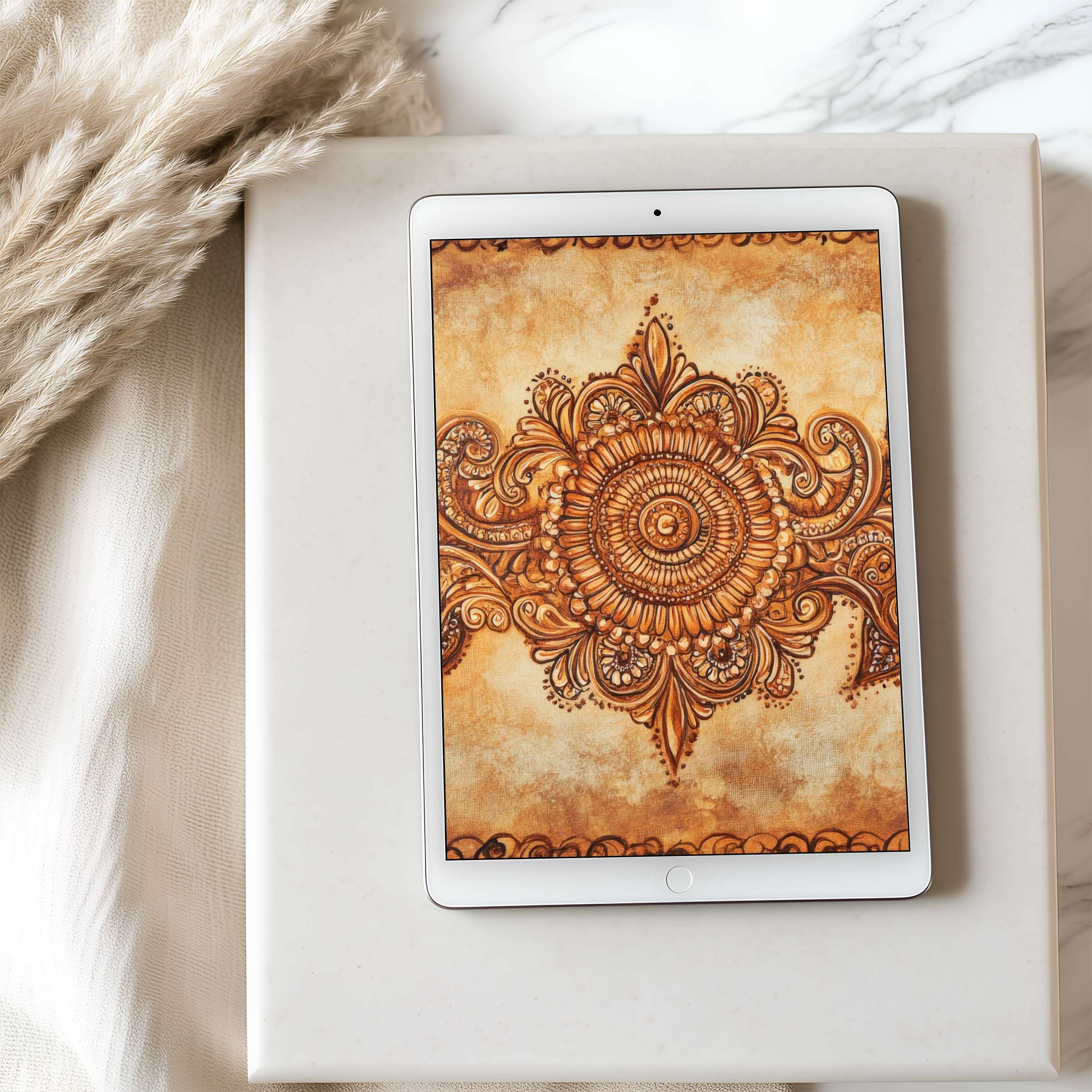 Elegant tablet wallpaper with intricate mandala in warm tones perfect for iPad or Android tablets high resolution digital download