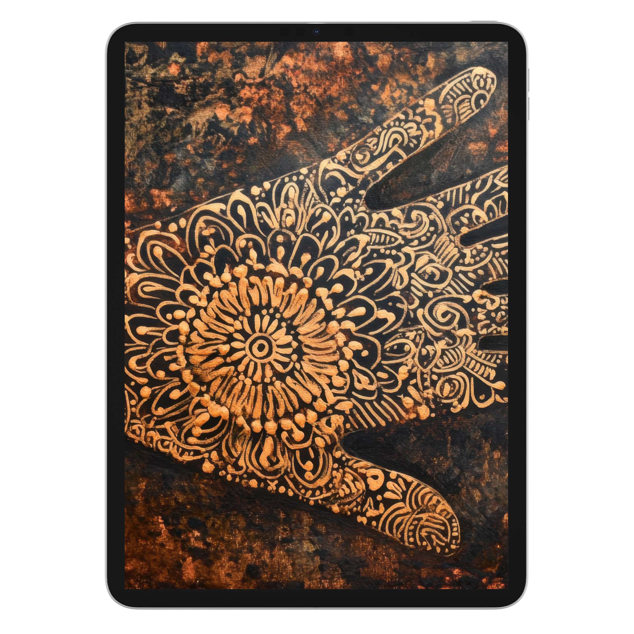 Elegant boho iPad wallpaper with intricate henna-inspired patterns, perfect for tablet background digital download and zen atmosphere