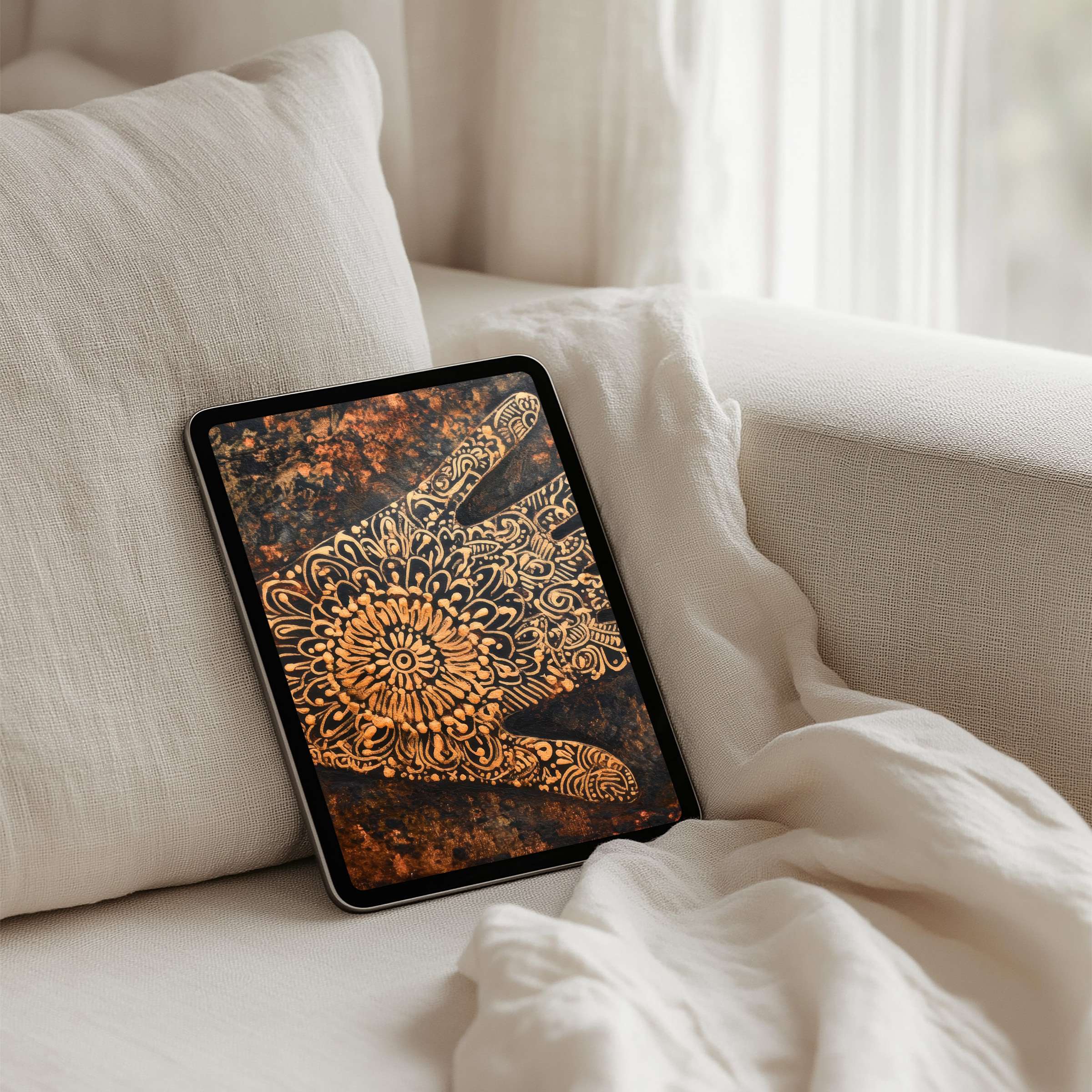 Elegant, intricate mandala design iPad background on beige sofa inspires calm, fits any tablet, instant download for mindfulness