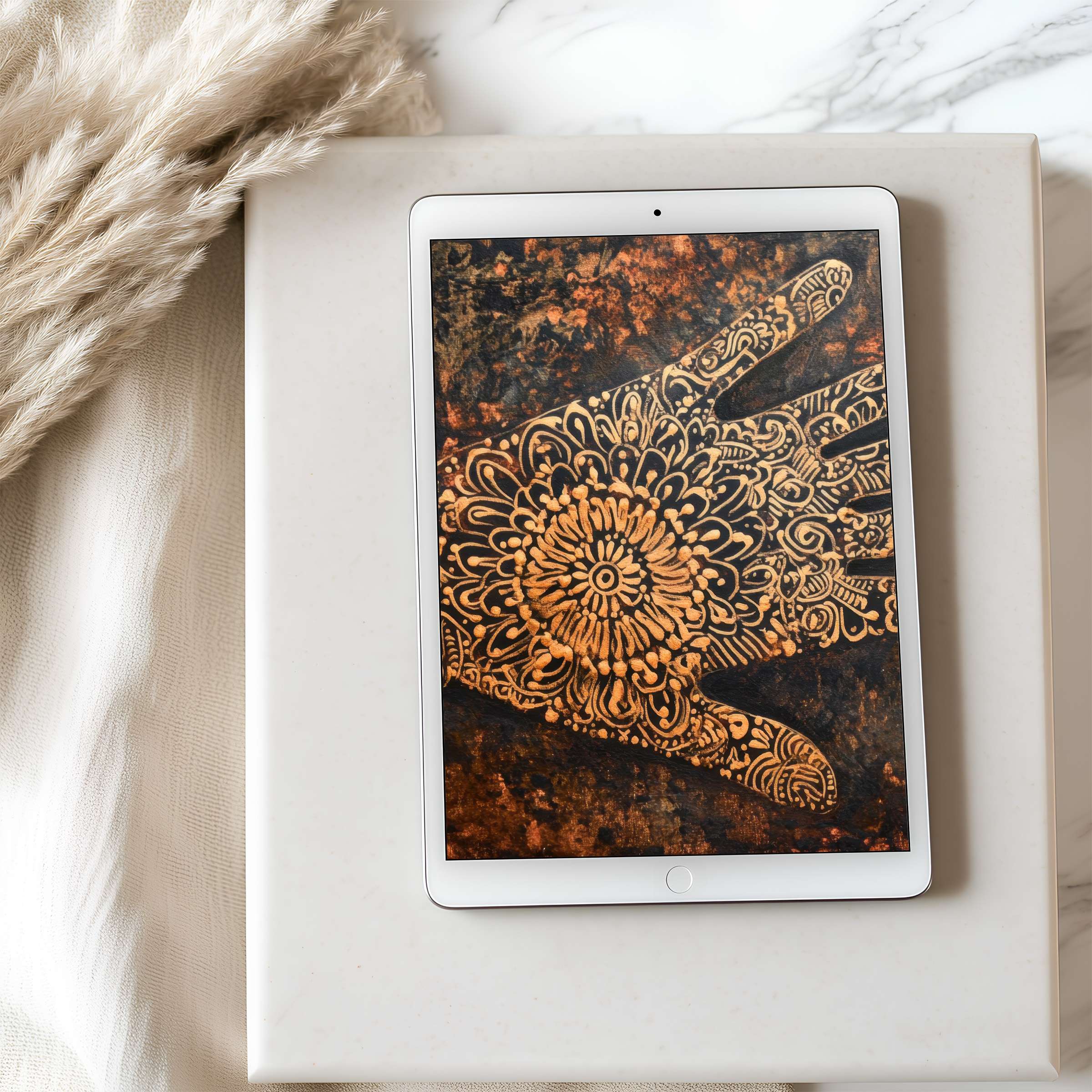 Elegant tablet wallpaper featuring intricate henna designs in earthy tones, perfect high-resolution digital download for iPads and Androids