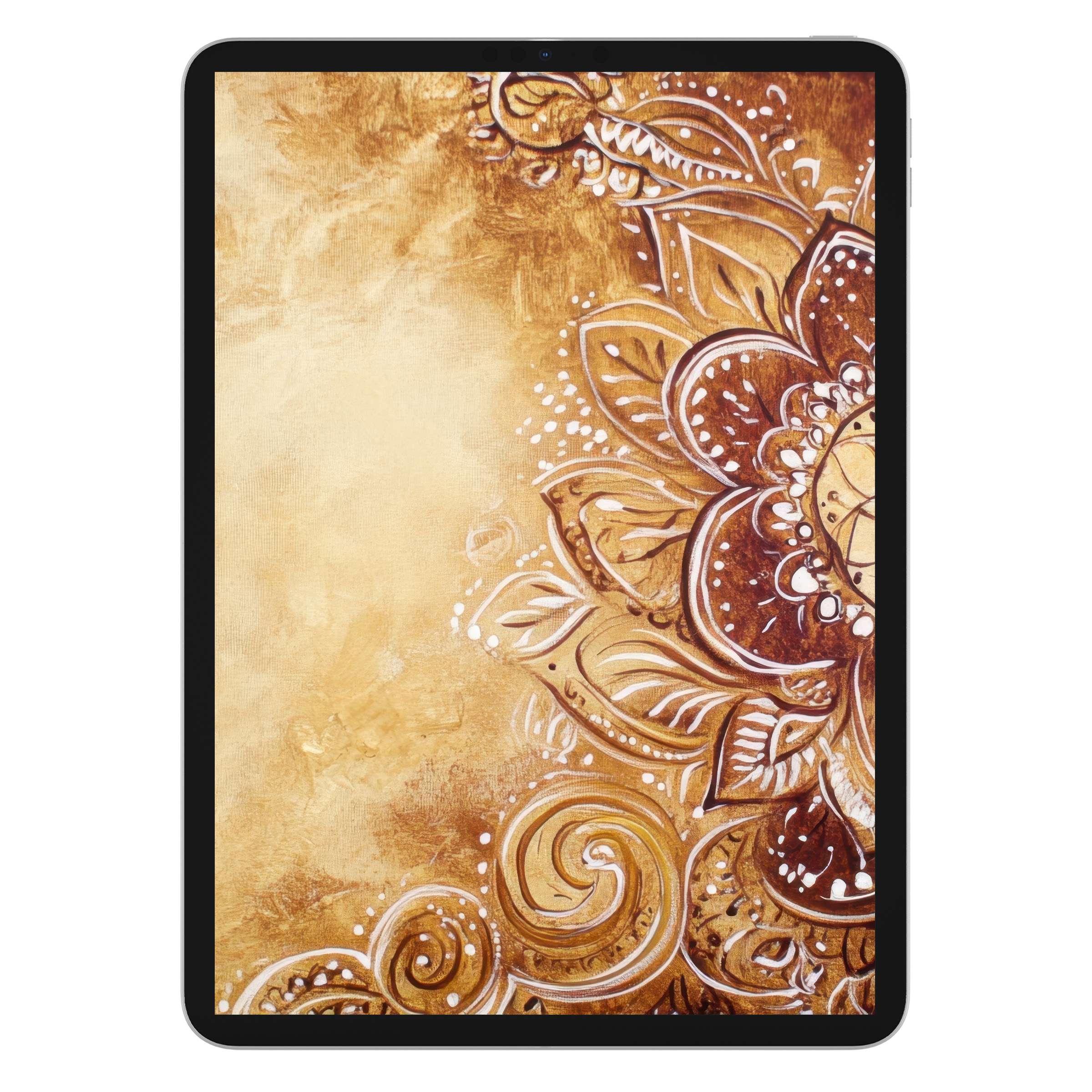 Elegant boho iPad wallpaper with warm golden mandala design offers calming digital download for iPad tablet and Android backgrounds