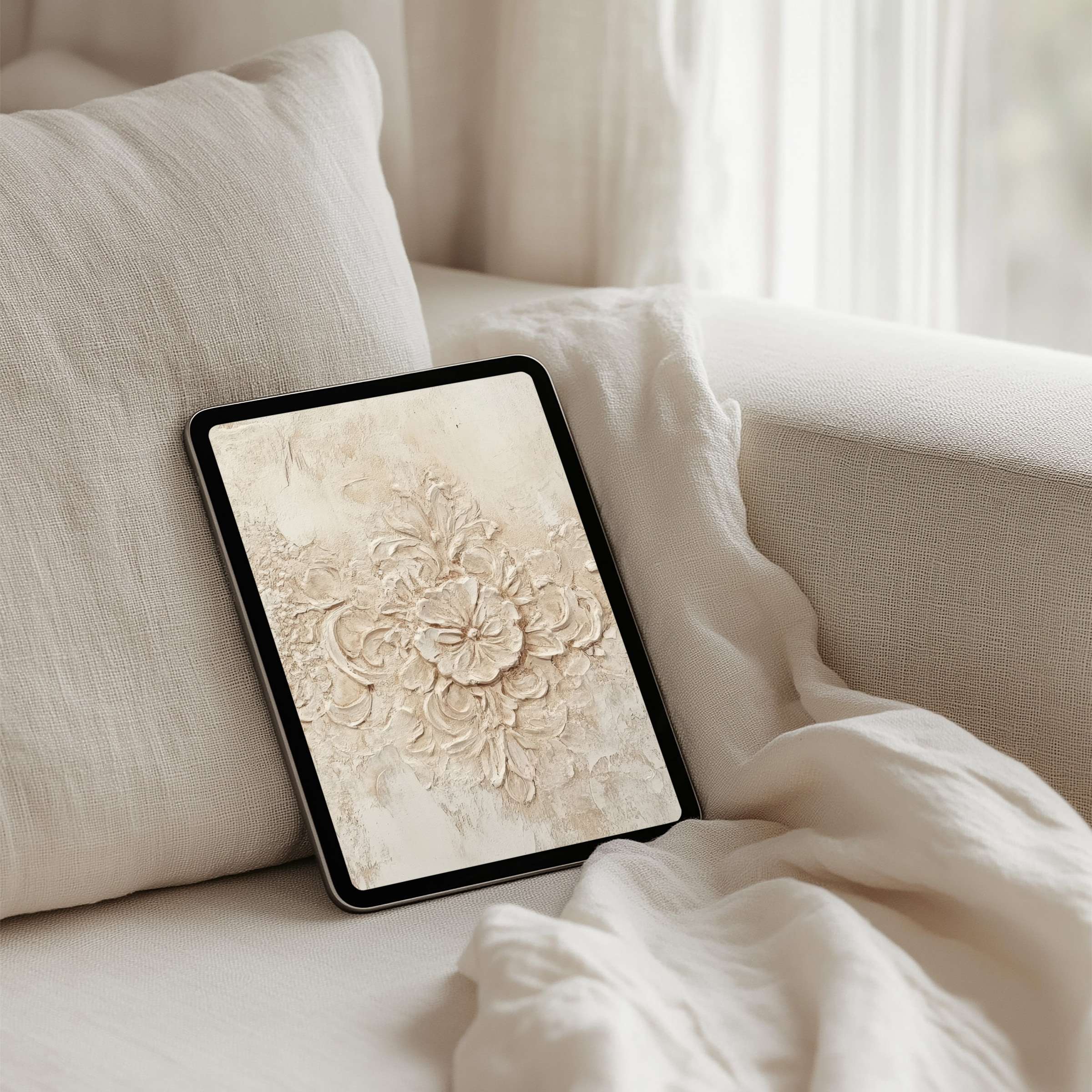 Elegant iPad background featuring beige floral texture evokes calm and inspiration fits Samsung and Android tablets instant download