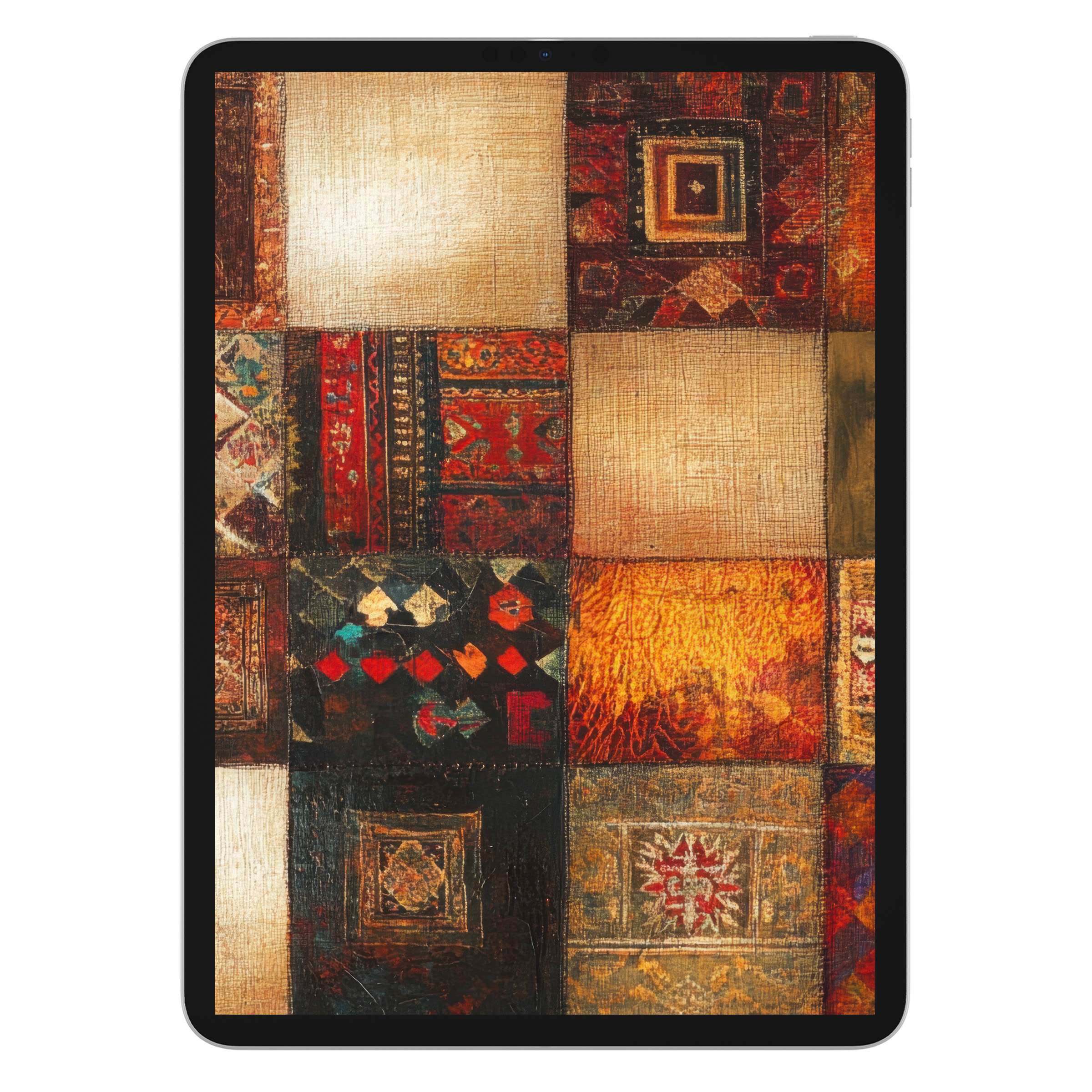 Elegant boho iPad wallpaper with rich tapestry textures for tablet background digital download vibrant patchwork aesthetic design