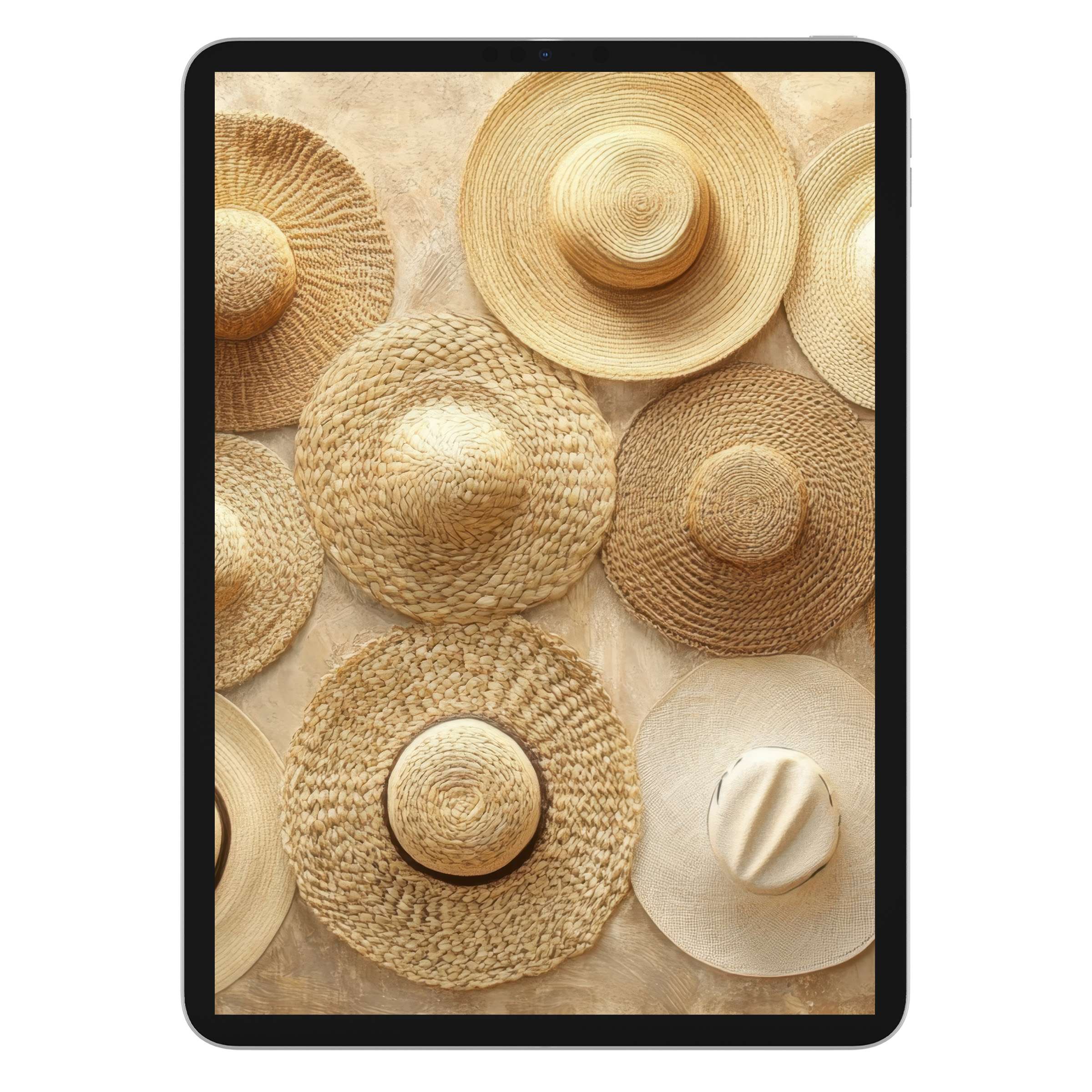 Boho iPad wallpaper showcasing woven hats on a beige background creates a serene digital download for any design-conscious tablet user