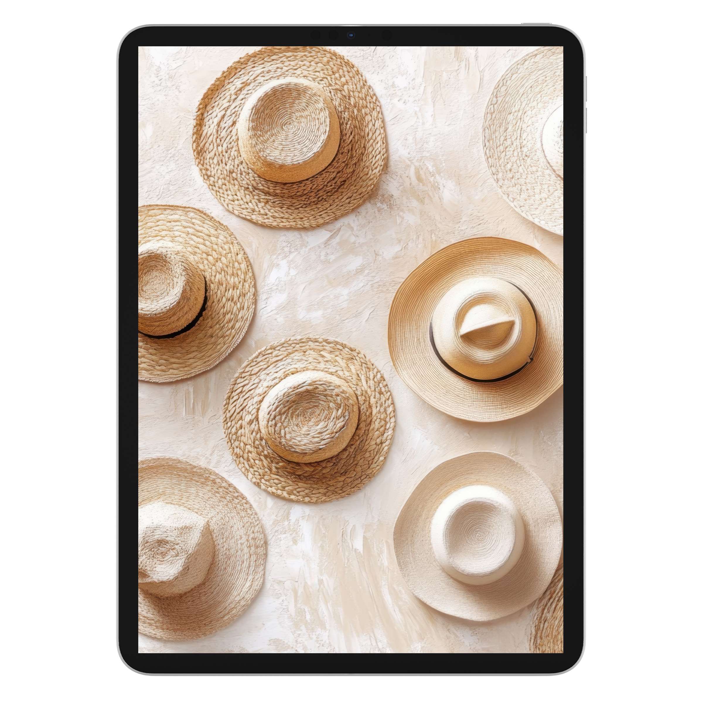 Elegant boho iPad wallpaper featuring artisan straw hats on a textured canvas, perfect digital download background for any tablet