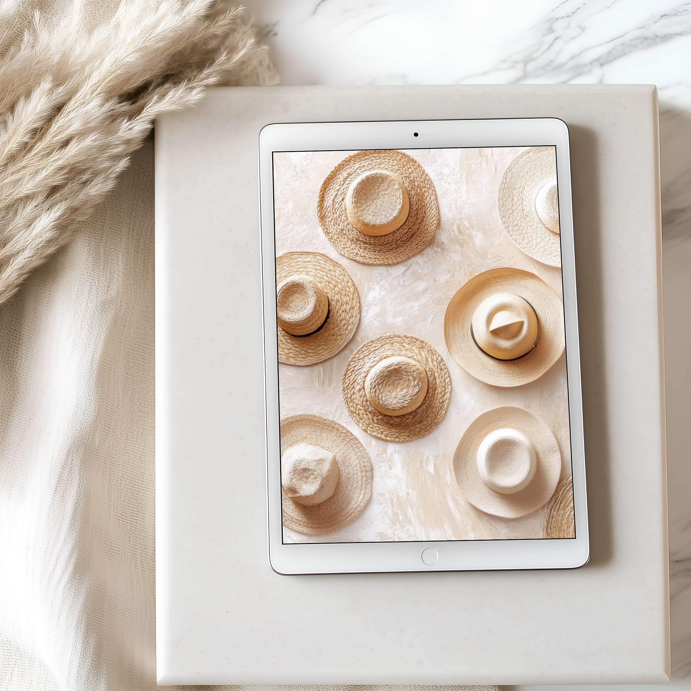 Curated tablet wallpaper showcasing elegant straw hats on a textured background, perfect for high-resolution iPad and Android devices download