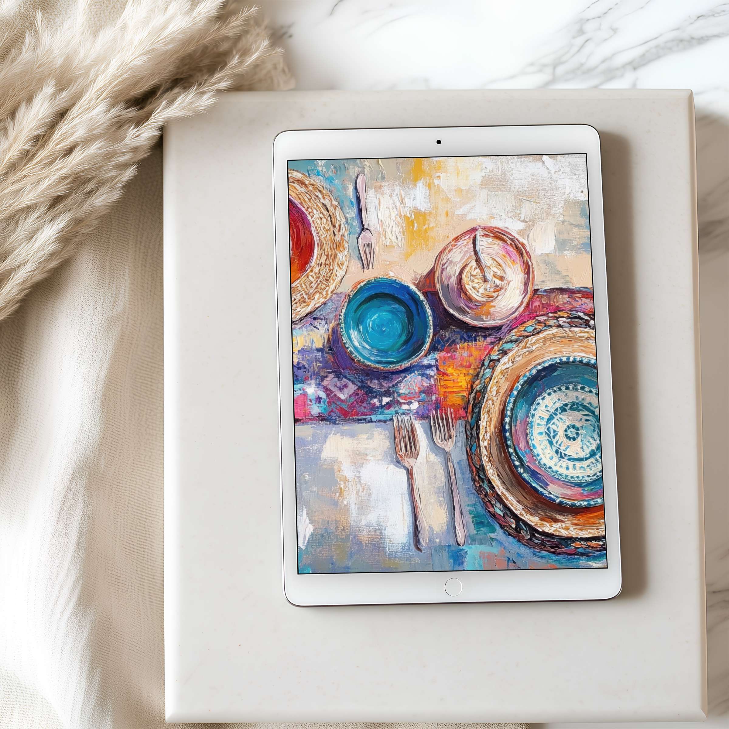 Elegant tablet wallpaper featuring vibrant abstract dishware on a marble backdrop perfect for iPad high resolution digital download