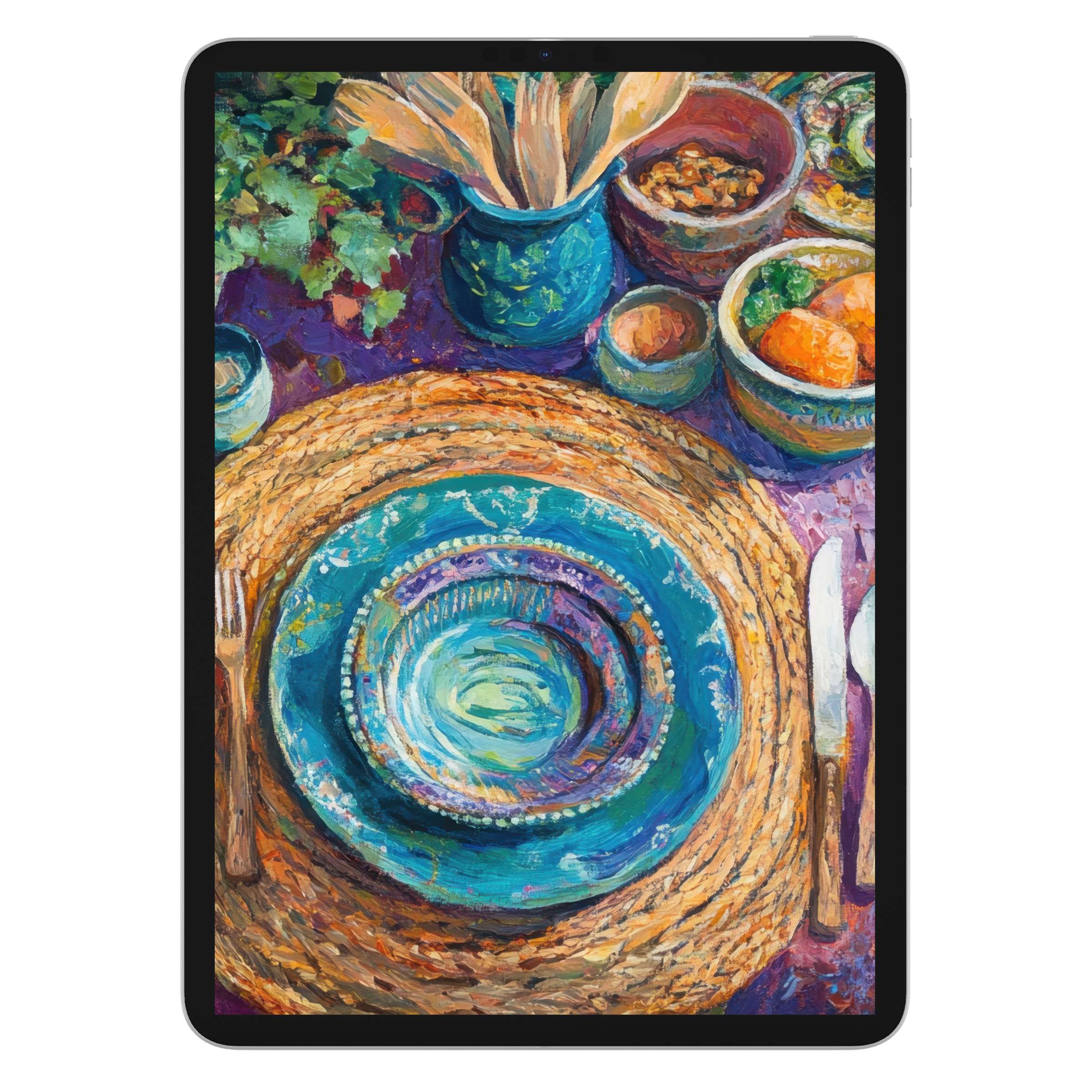 Boho iPad wallpaper featuring vibrant, textured dining scene in rich blues and greens for elegant digital download tablet background