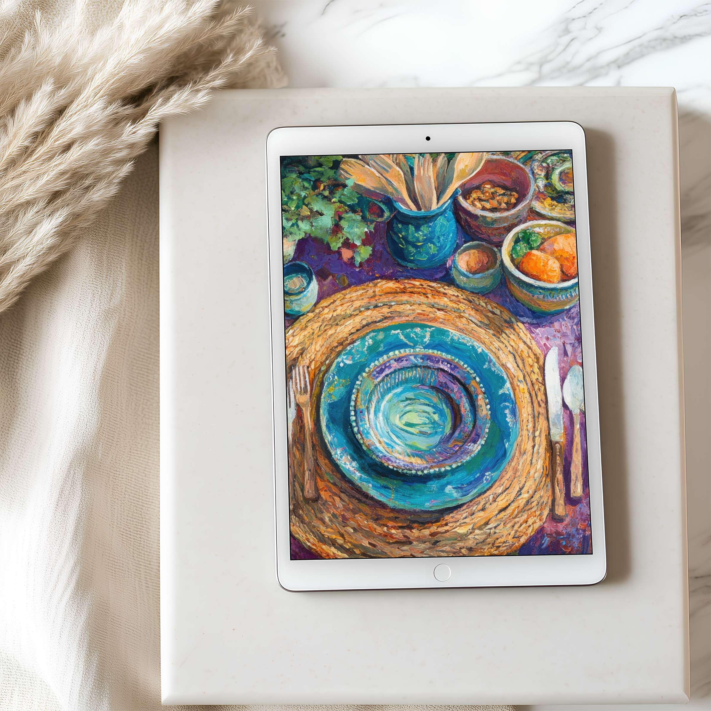 Serene tablet wallpaper featuring a textured still-life with blue dishes on a rustic table, ideal for iPad high resolution download