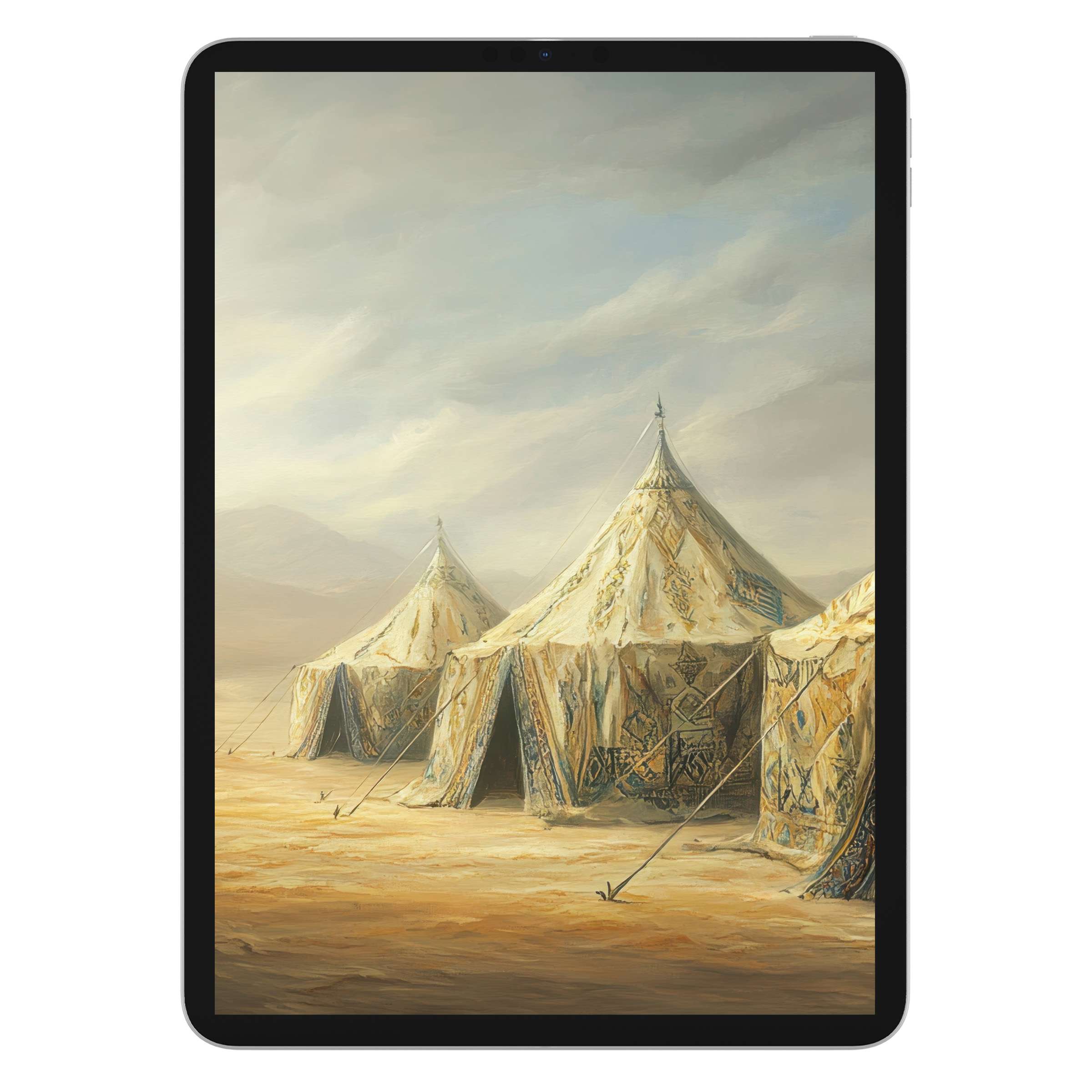 Boho iPad wallpaper featuring serene desert tents with soft earthy tones background perfect digital download for tablet ambiance