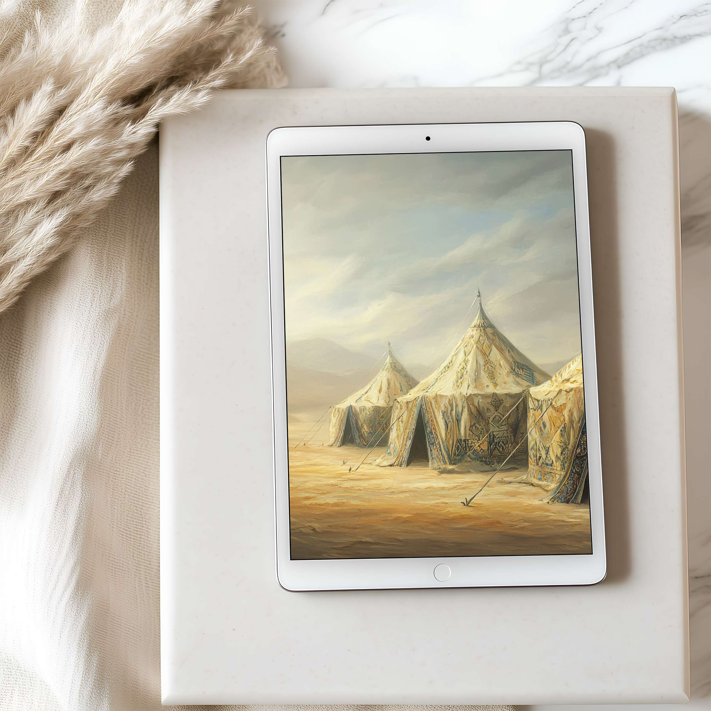 Elegant tablet wallpaper featuring serene desert tents in soft hues, ideal for iPad high resolution display or Android download