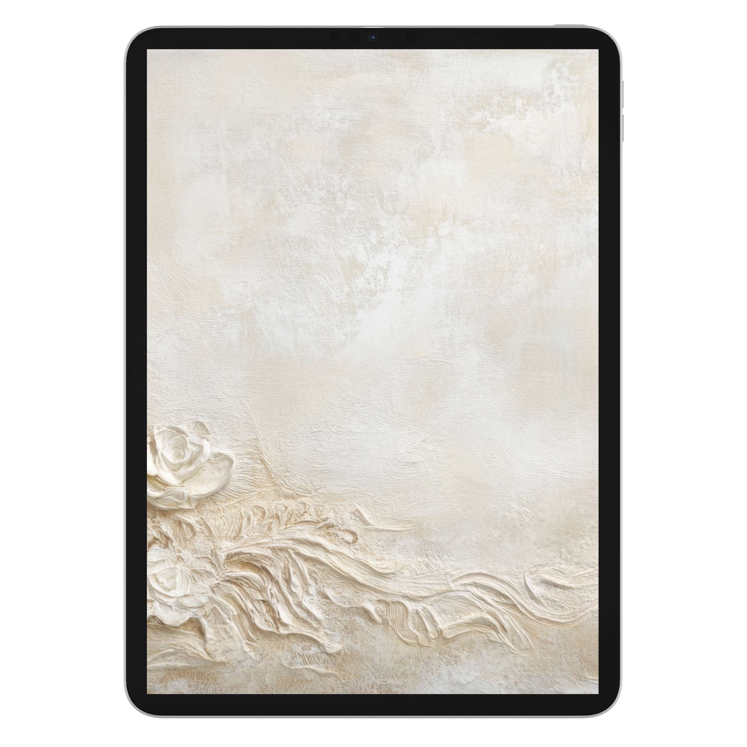 Elegant boho iPad wallpaper featuring textured cream floral relief for tablet background; digital download evokes serene artistry