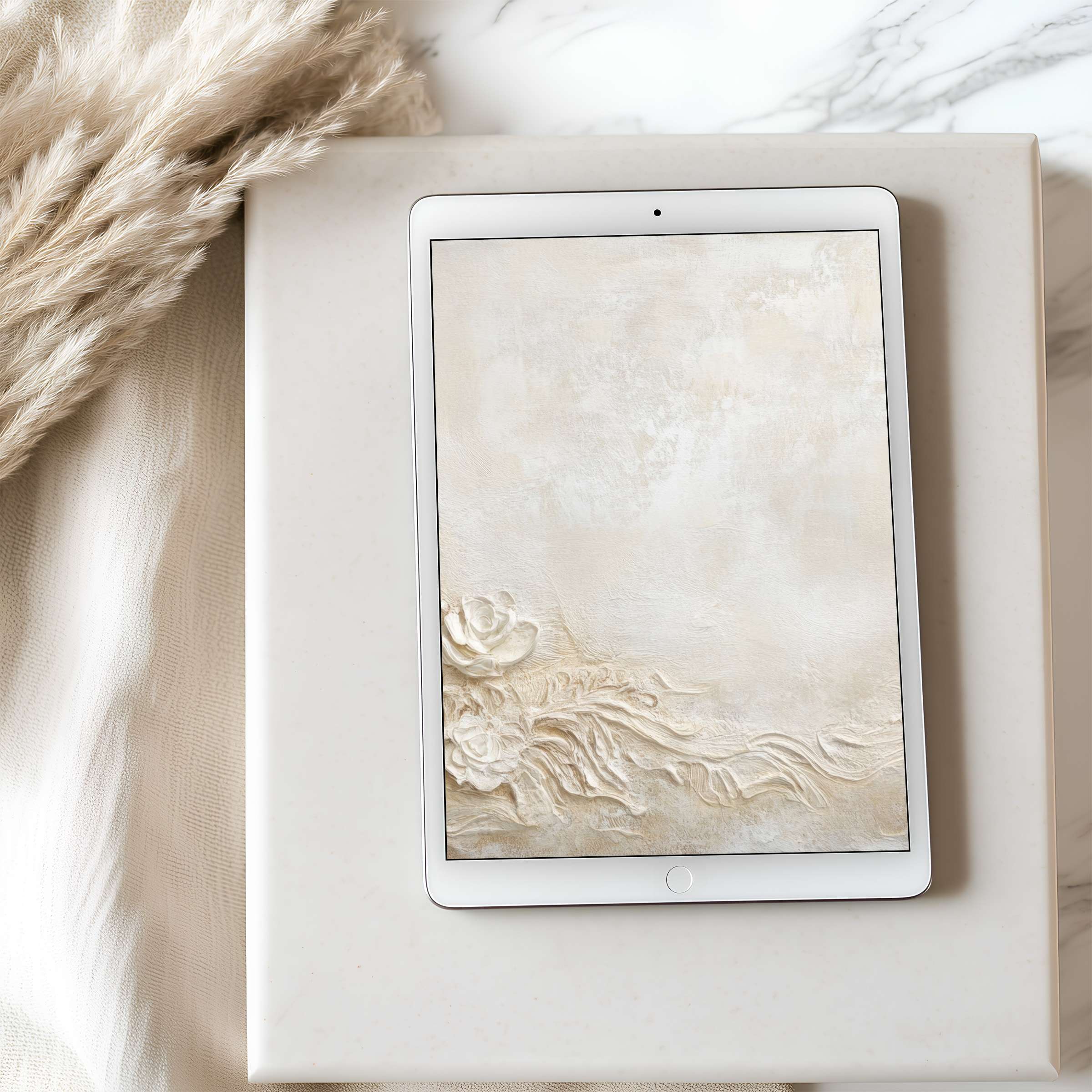 Elegant tablet wallpaper featuring serene beige tones and floral textures designed for high-resolution iPad and Android tablet displays