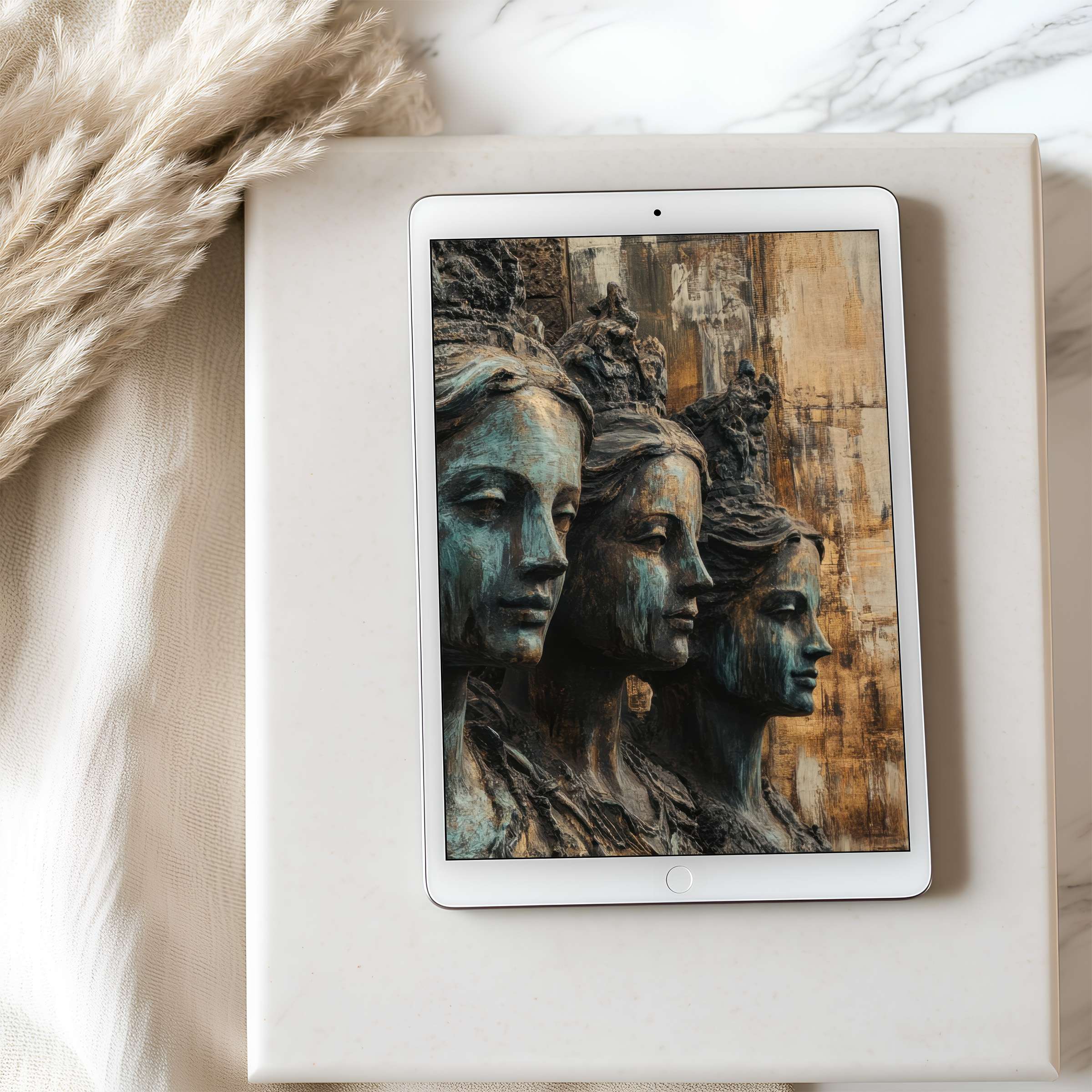 Elegant portrait of serene sculptures in rich bronze tones as a tablet wallpaper, ideal for iPad, offering calm and high resolution