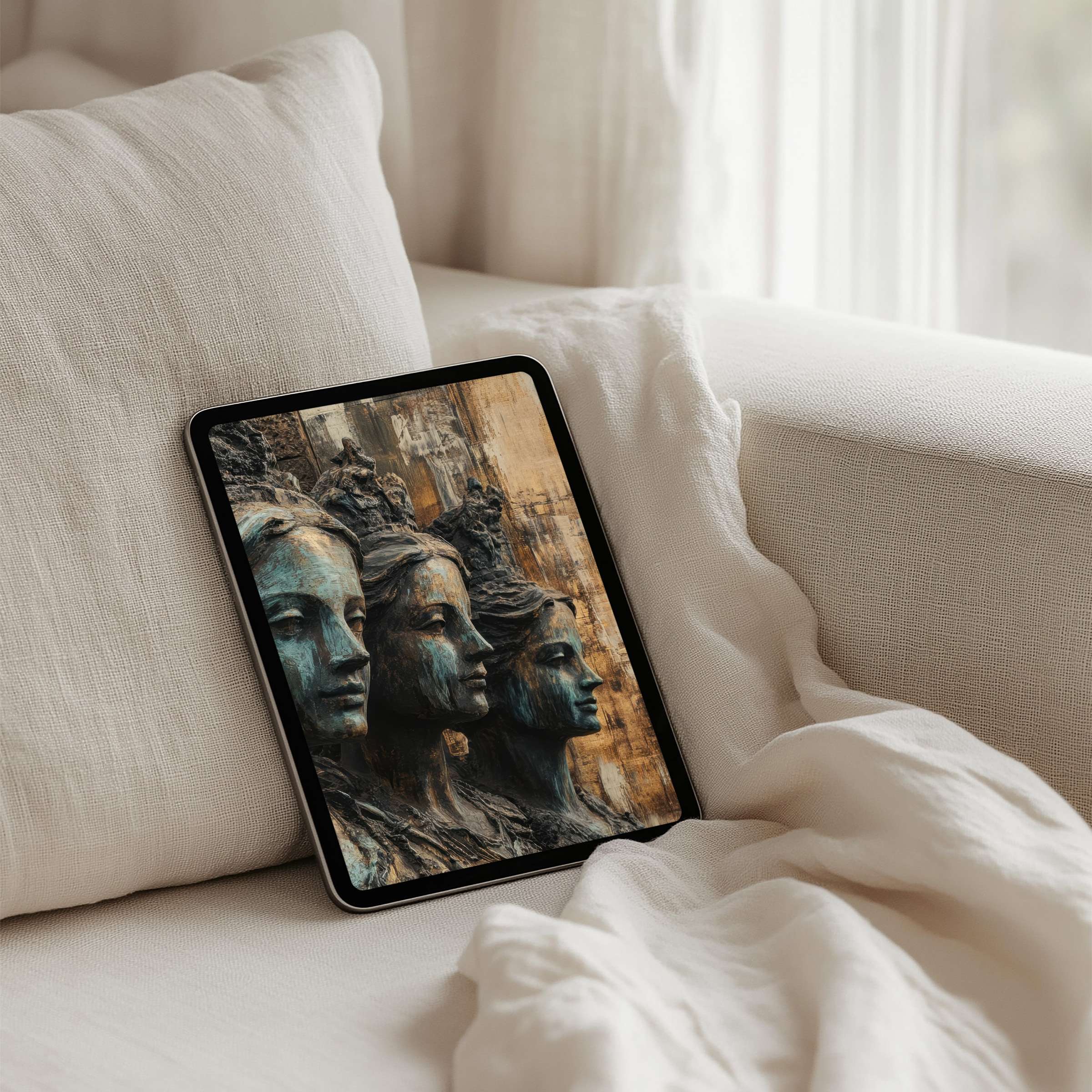 Elegant iPad background showcasing artistic sculpture textures, ideal for instant download on all tablets, inspiring calm and mindfulness