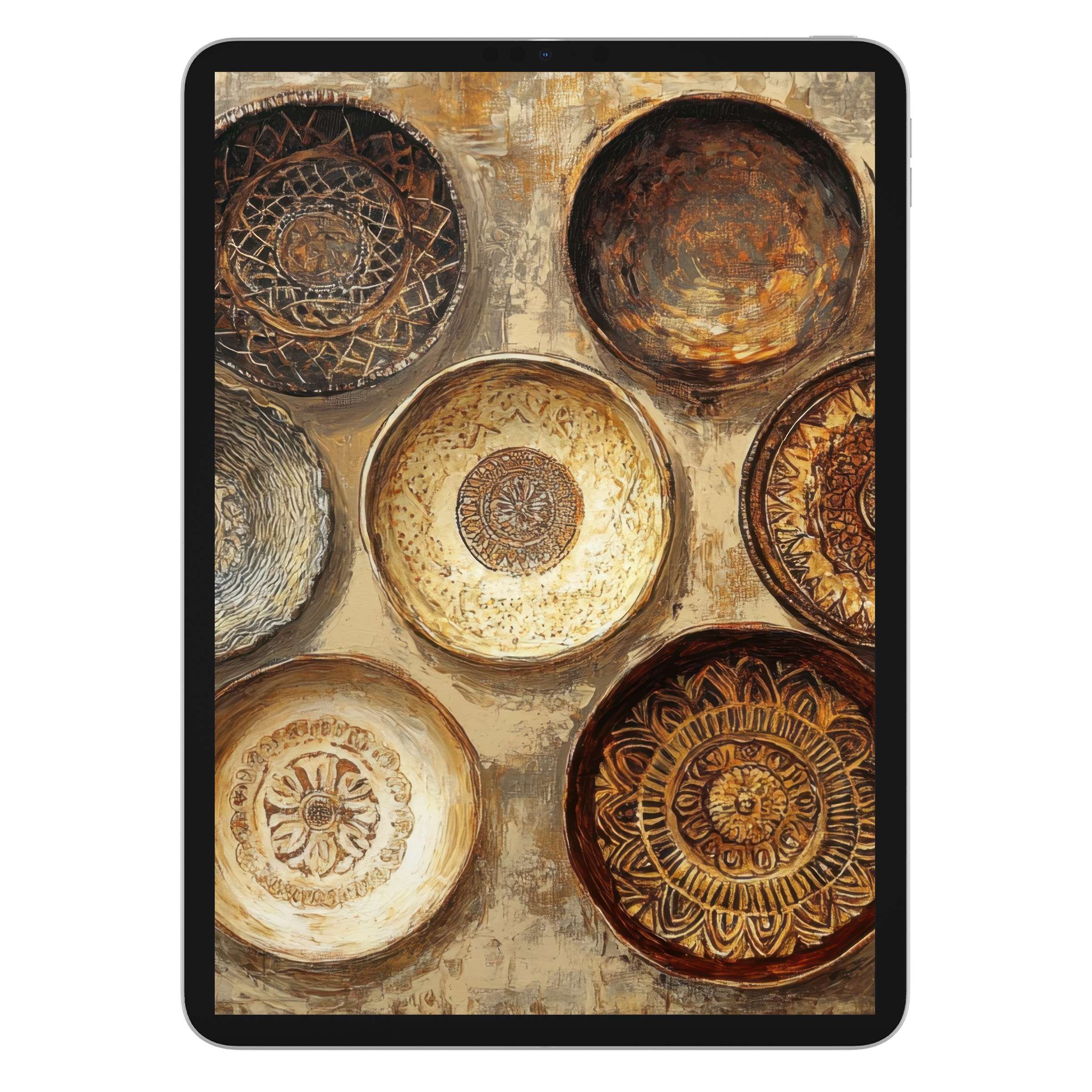 Boho iPad wallpaper featuring earthy-toned bowls offers a calming background for tablet users seeking a stylish digital download
