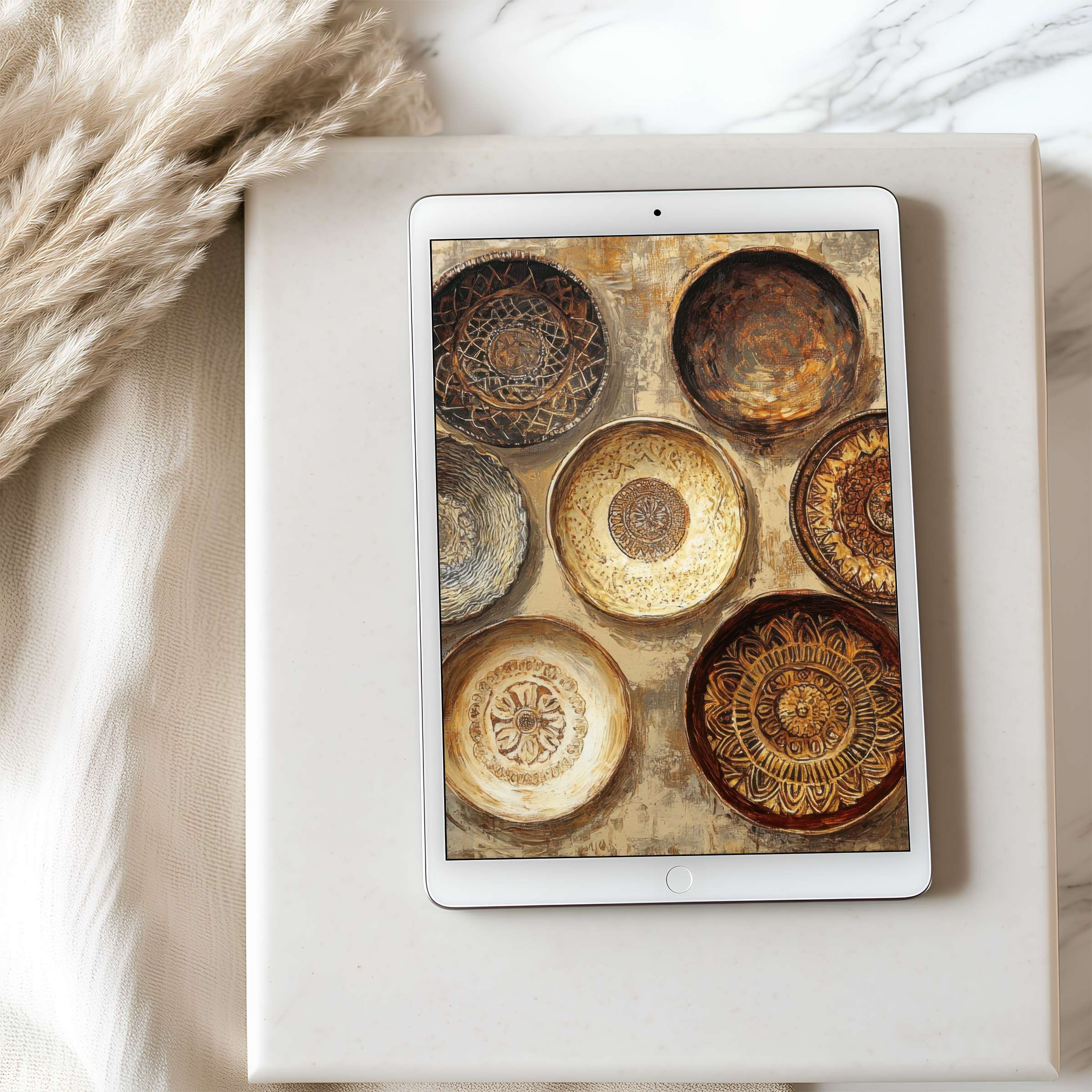 Elegant mandala-inspired tablet wallpaper in earthy tones, perfect for iPad and Android tablets, offering a calming digital download experience