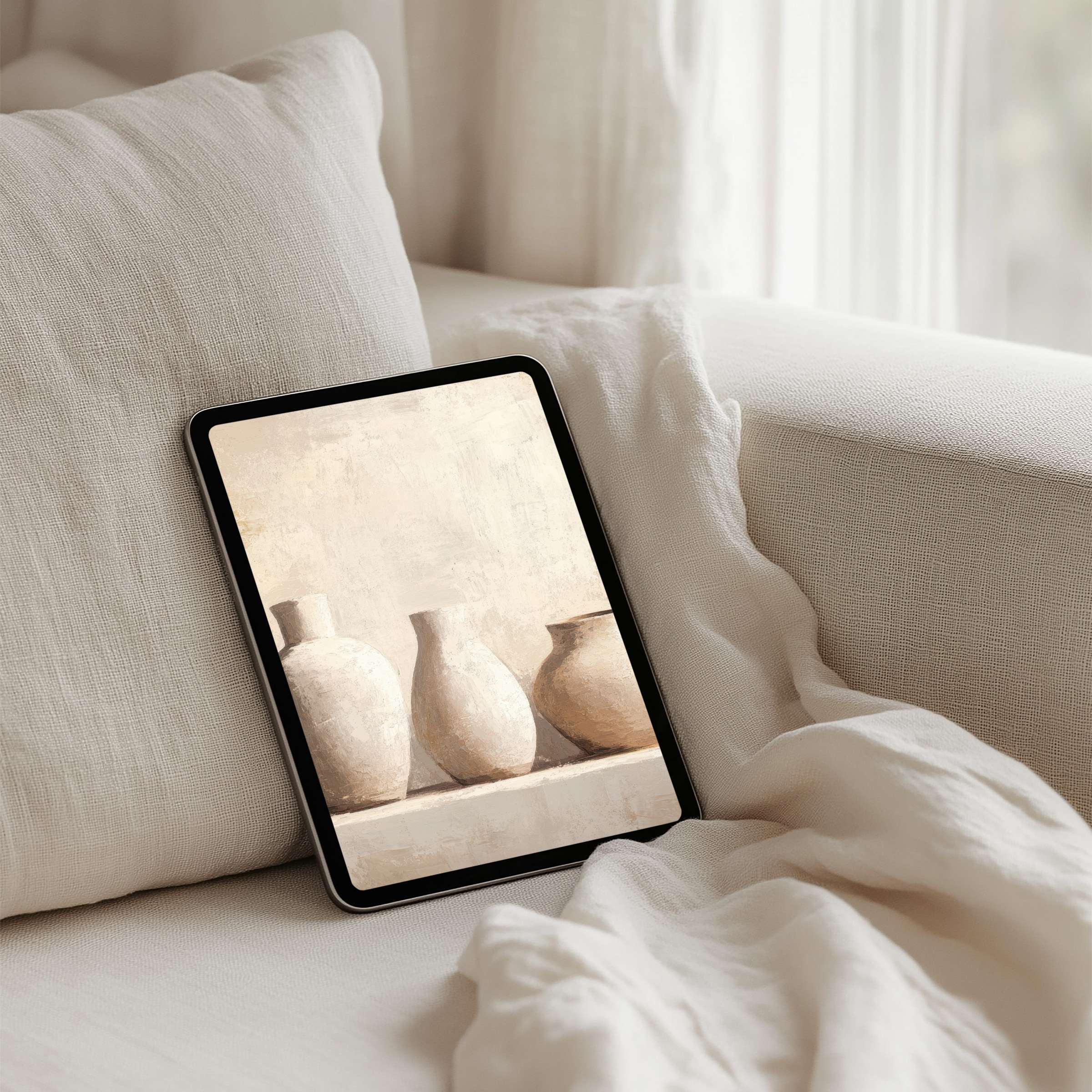 Elegant earth-tone iPad background featuring serene vases for instant download on any tablet for calm, mindful inspiration