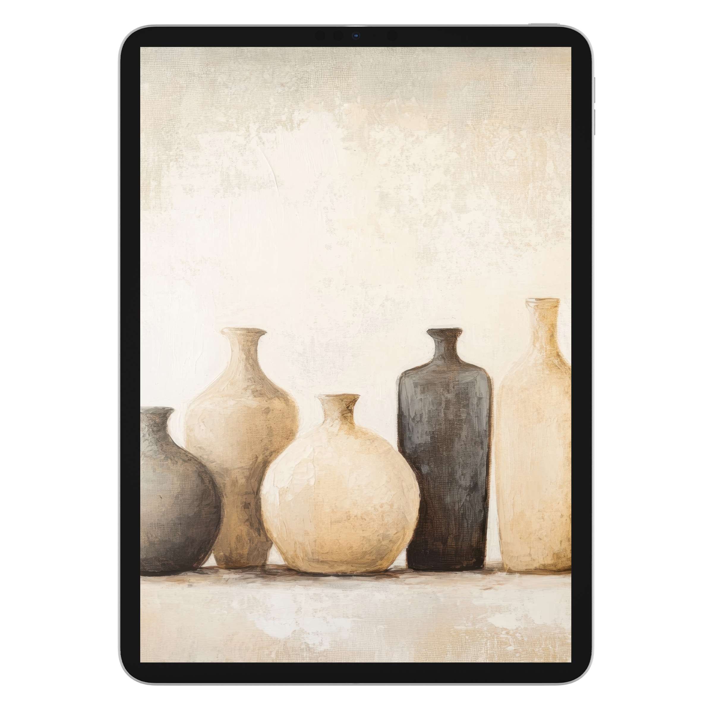 Boho iPad wallpaper featuring elegant earthy vases against a textured beige background; perfect digital download for any tablet ambiance