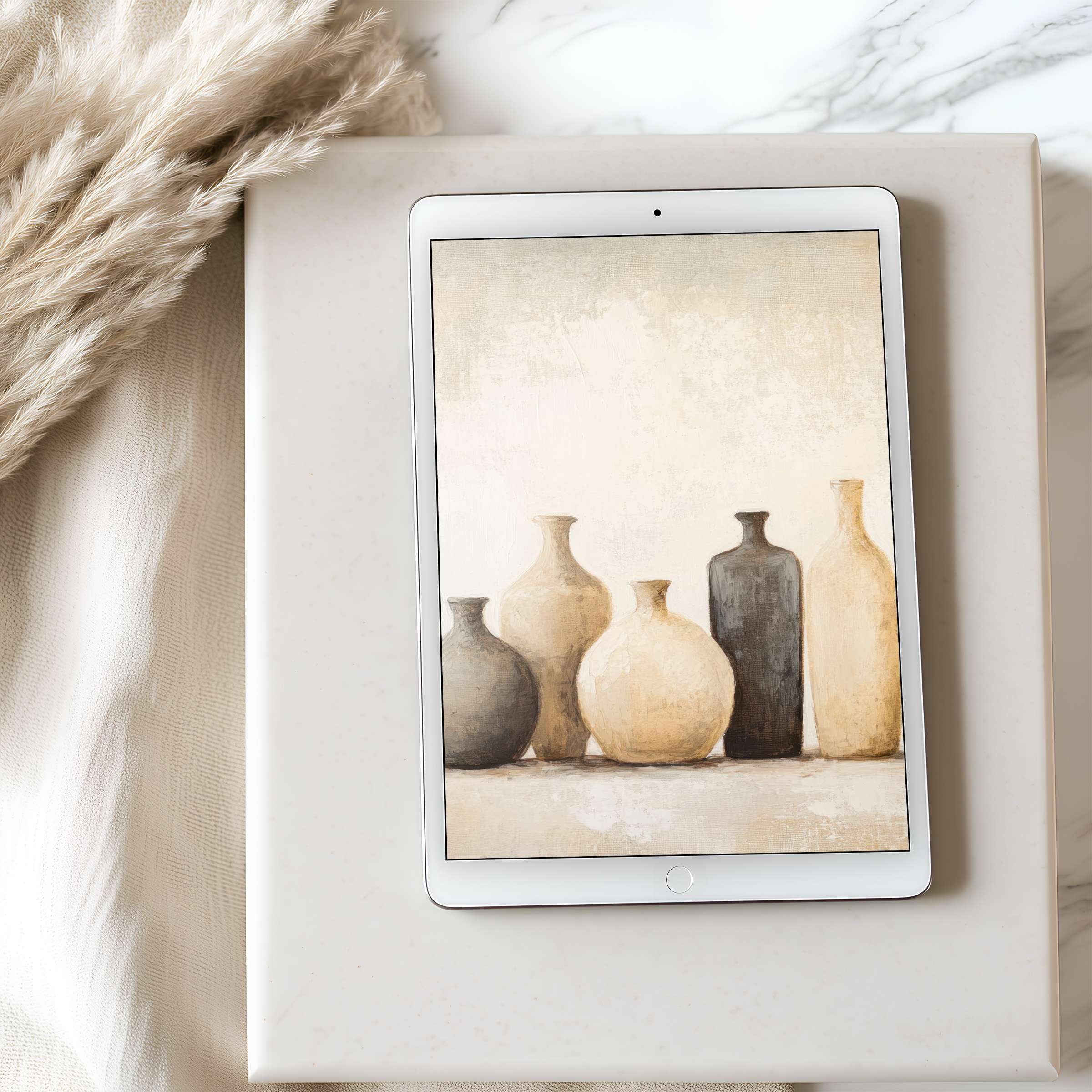 Elegant tablet wallpaper featuring earth-toned vase art in high resolution for sustainable iPad or Android digital download appeal