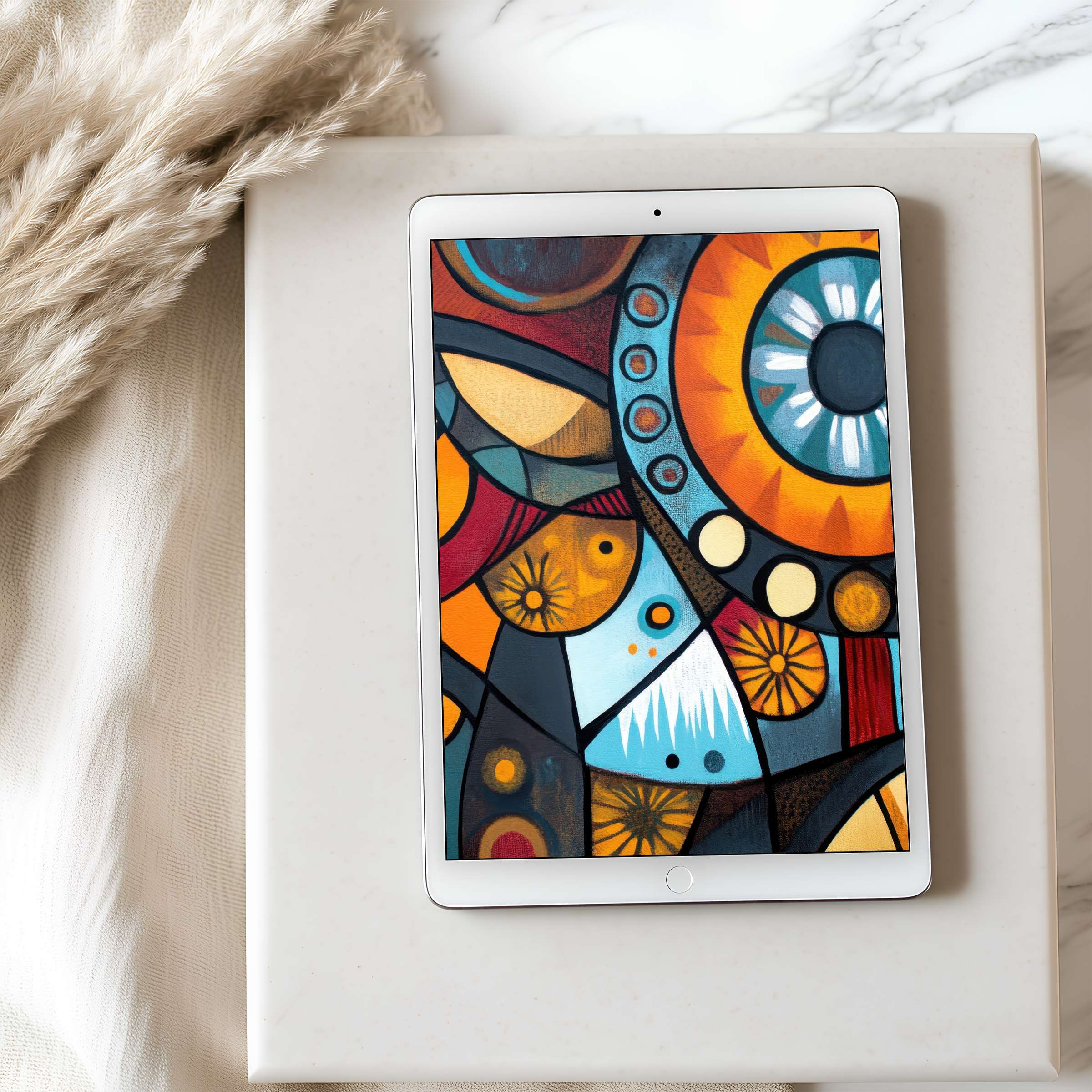 Colorful geometric tablet wallpaper with warm tones and abstract design for iPad or Android tablet download enhancing minimalist spaces