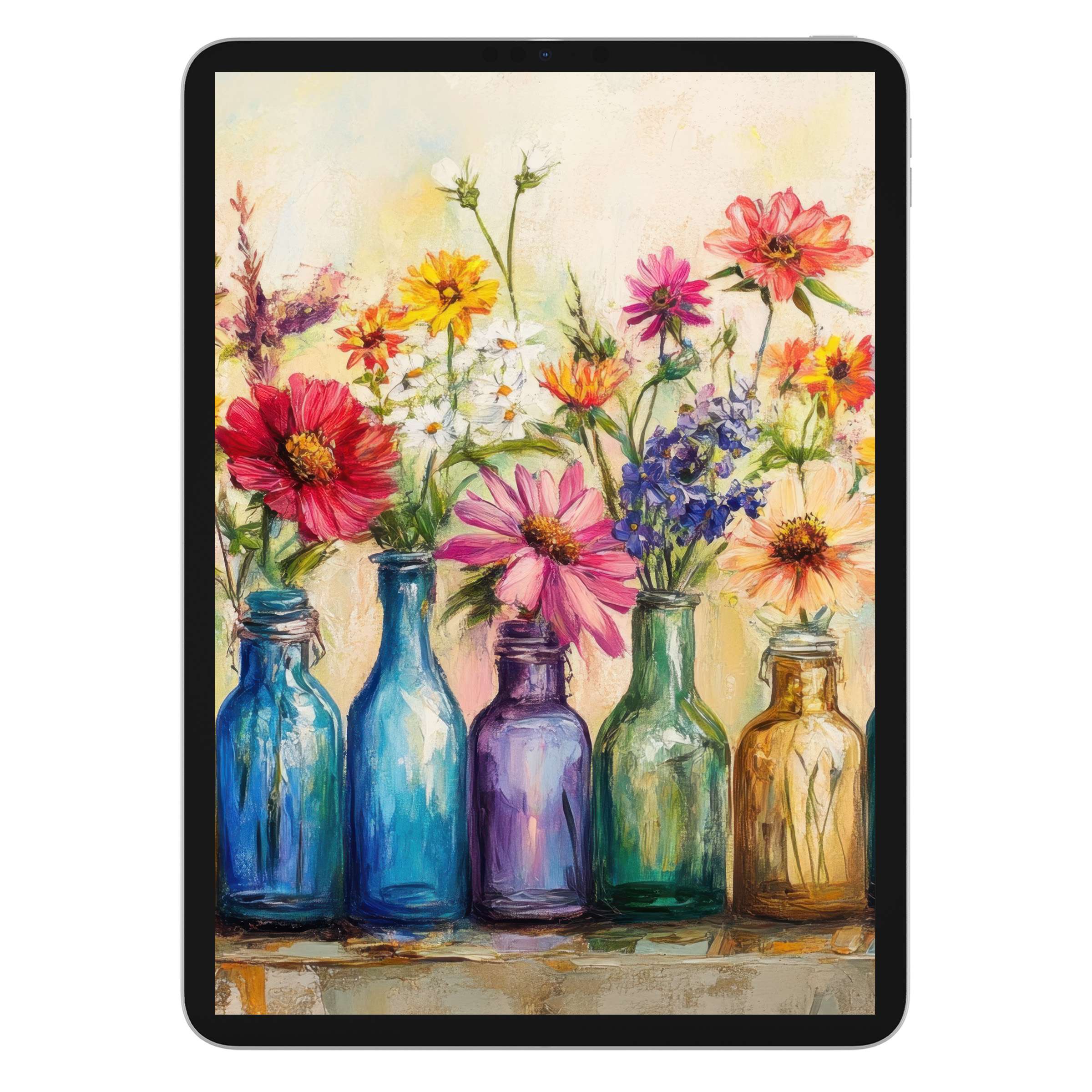 Vibrant boho iPad wallpaper showcasing colorful wildflowers in glass bottles, offering a digital download option for elegant tablet backgrounds