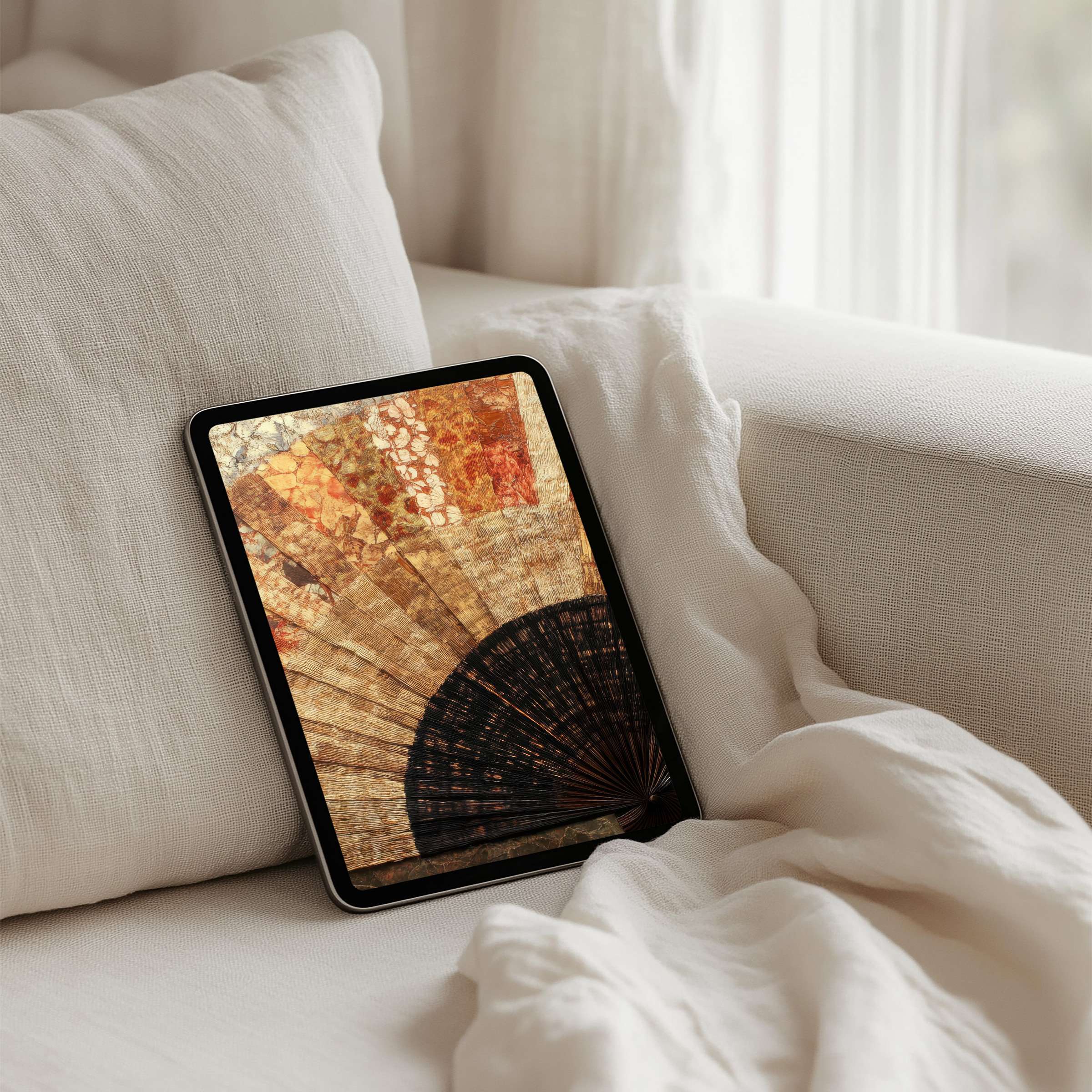 Elegant iPad background featuring a vintage fan design offers instant download for any tablet user seeking calm and inspiration
