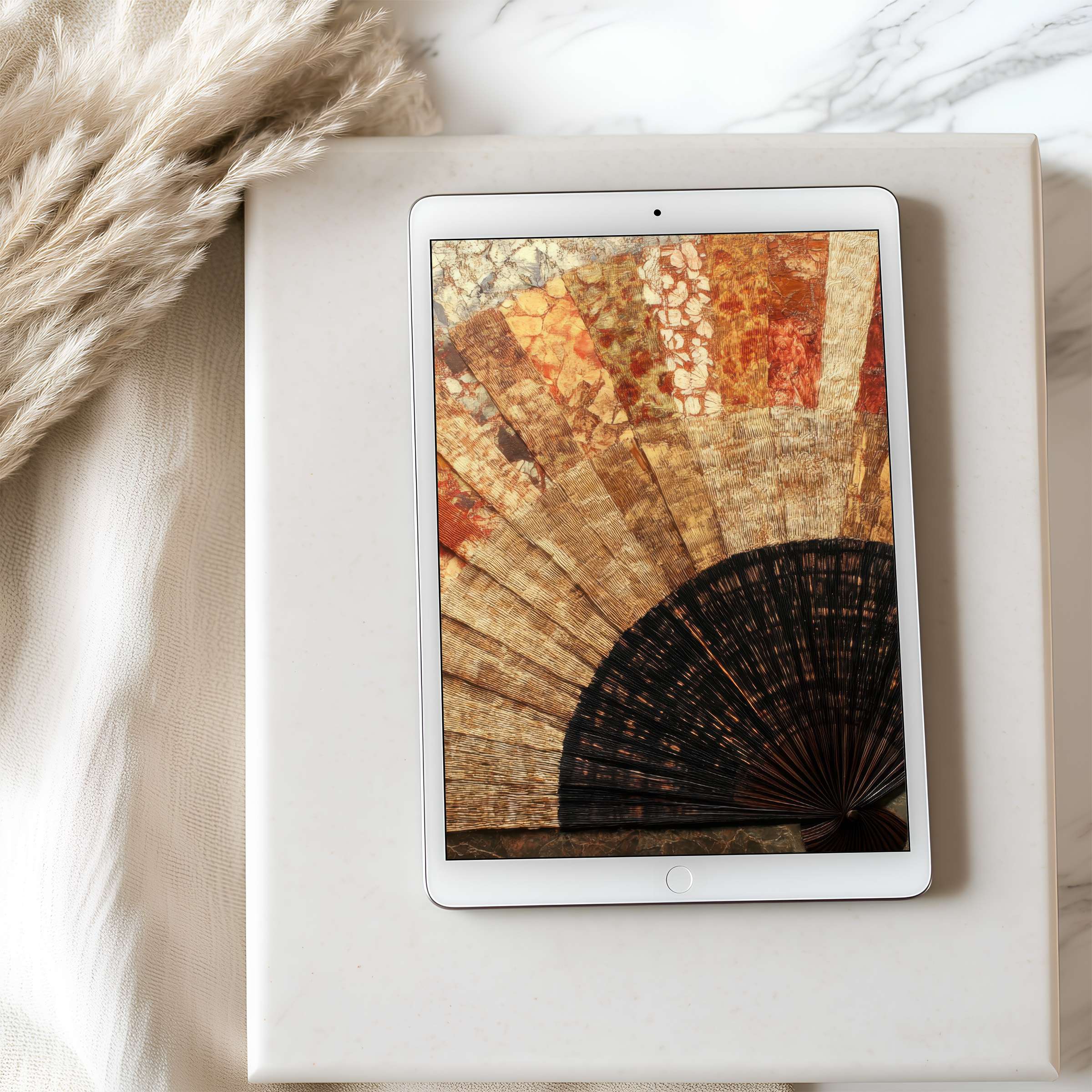 Elegant tablet wallpaper with warm earthy hues and fan motif, perfect for iPad, offering high resolution and calming aesthetics