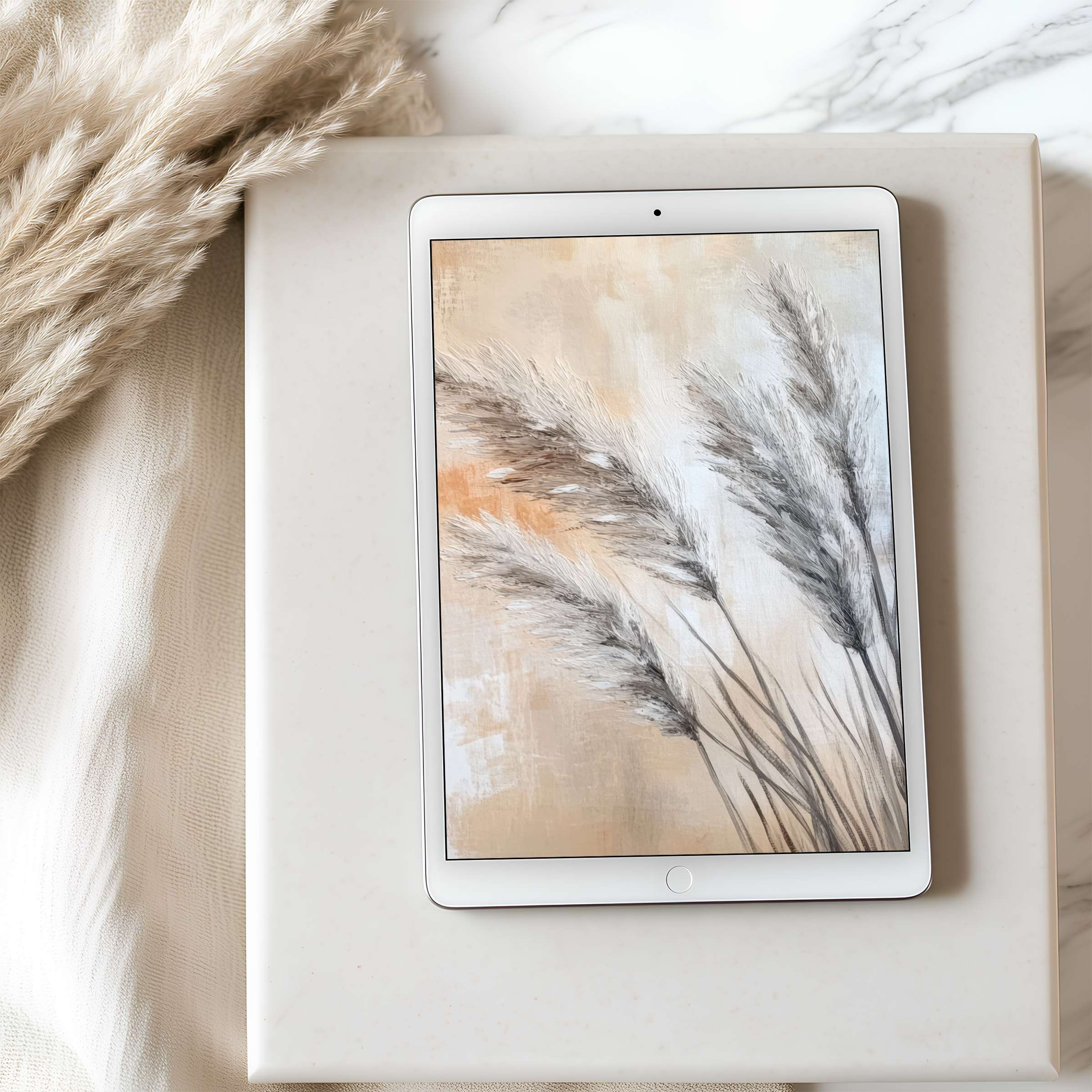 Elegant tablet wallpaper featuring soft pampas against a beige abstract background ideal for high resolution iPad or Android download