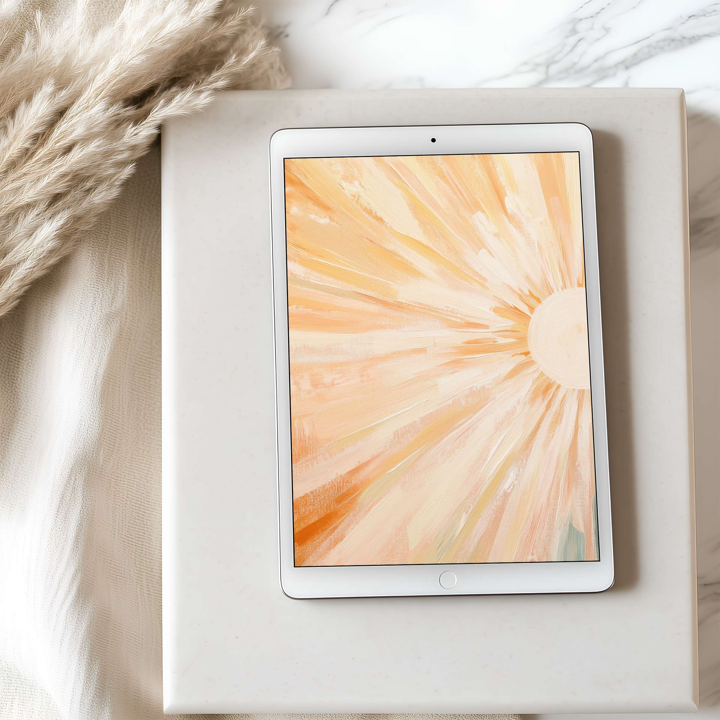 Serene abstract sunburst tablet wallpaper in warm tones elevates interiors; ideal for high-resolution iPad or Android digital downloads