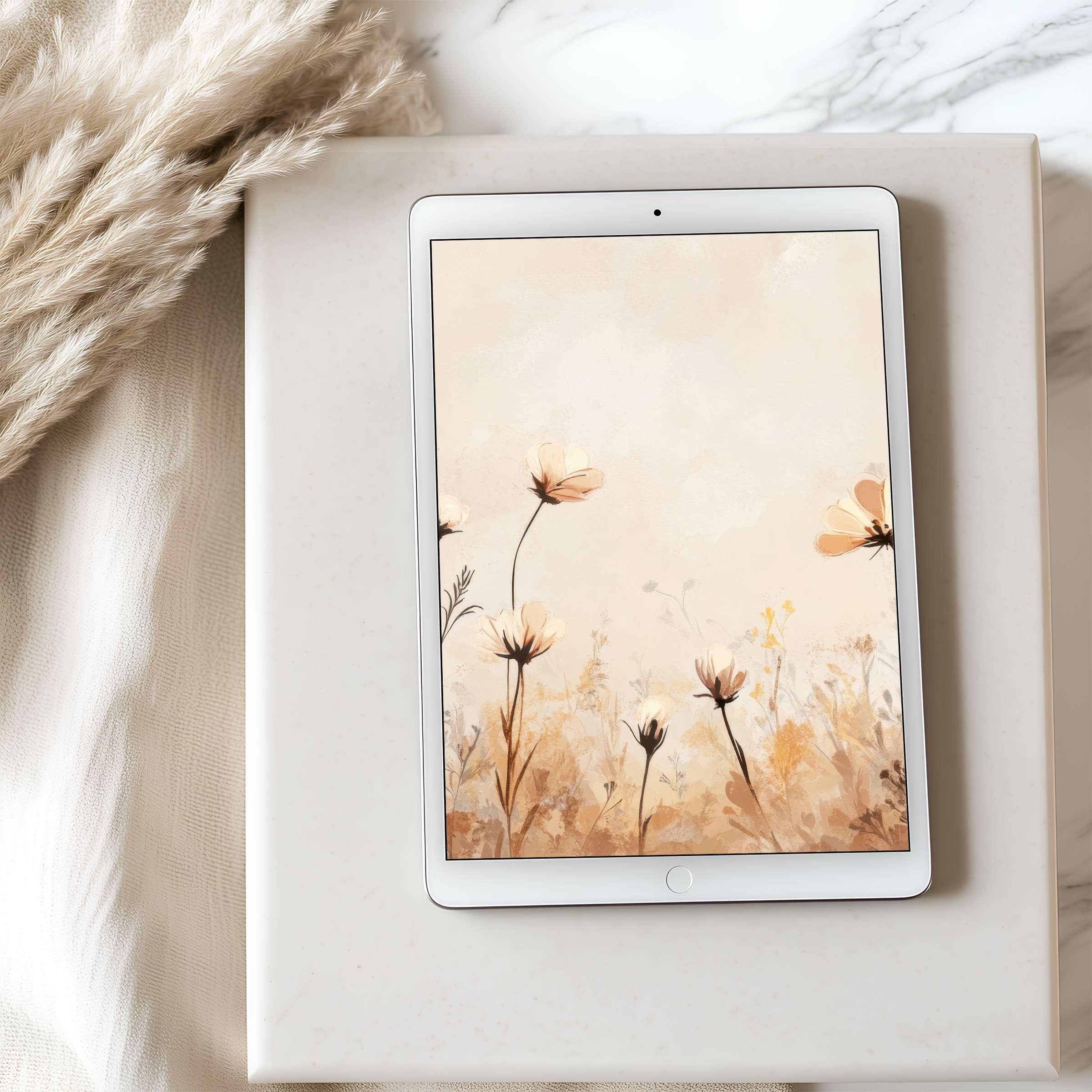 Elegant floral tablet wallpaper in soft beige hues blends seamlessly with minimalist decor for a curated, high-resolution digital download