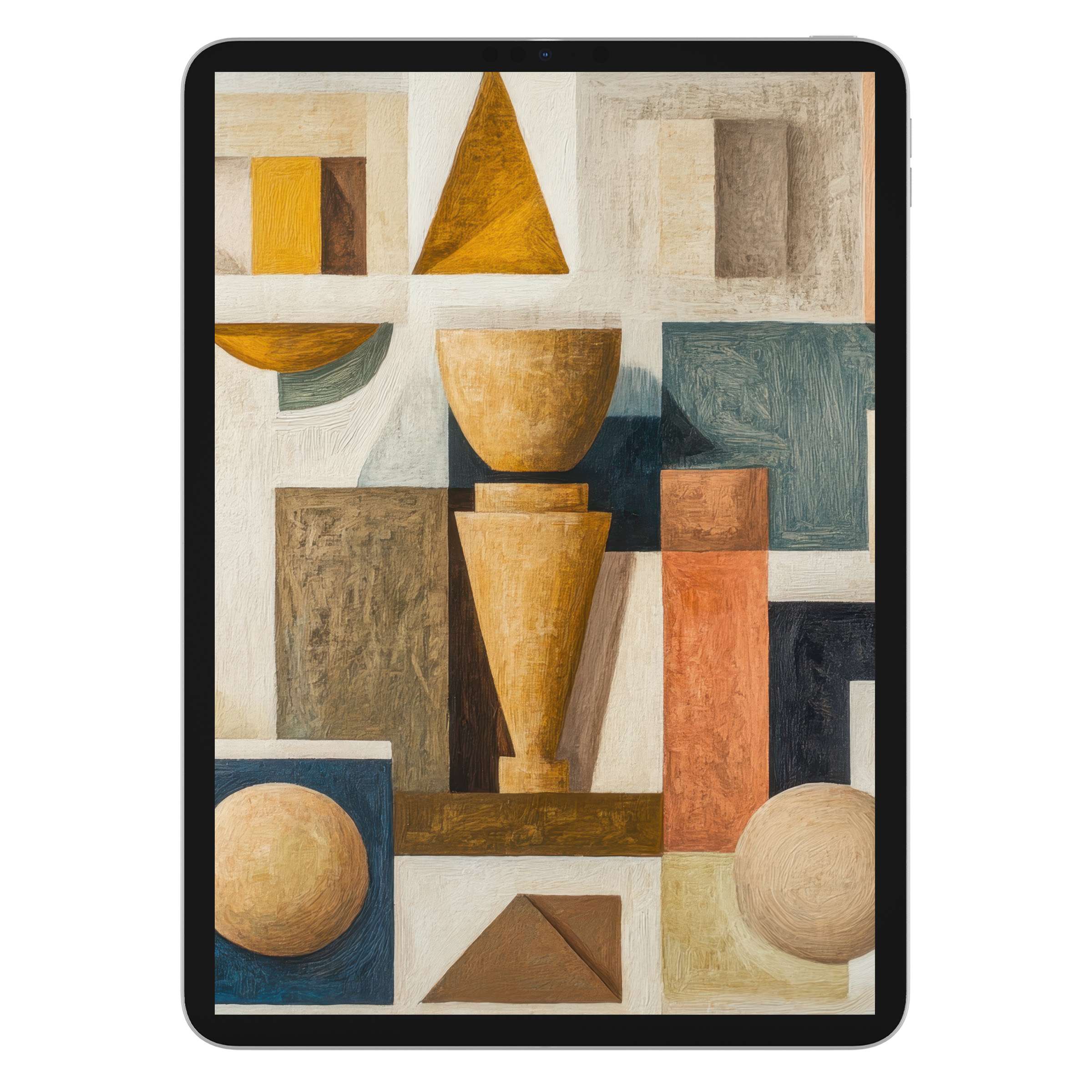 Boho iPad wallpaper with abstract earthy tones and geometric shapes perfect for a calming digital download background on any tablet