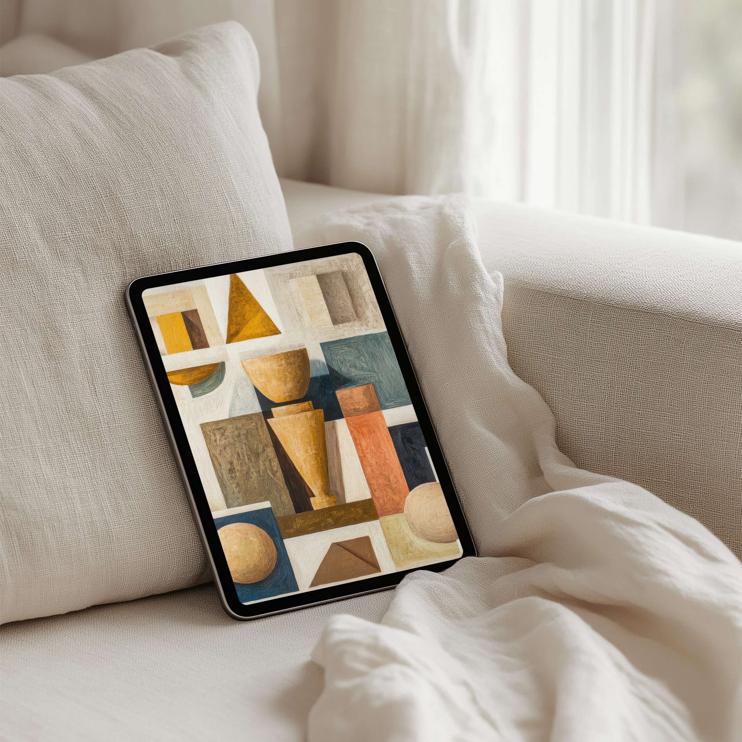 Minimalist geometric art in warm tones on iPad background offers instant download for your tablet, inspiring calm elegance